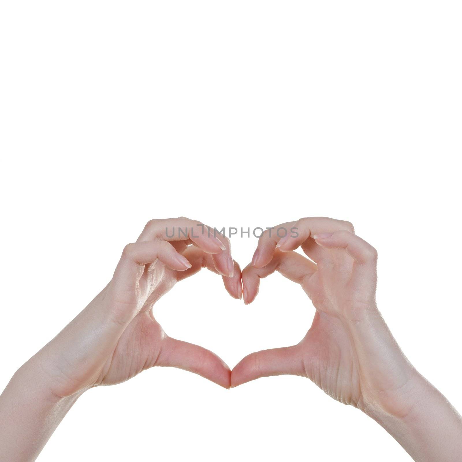 Woman's Hand form a heart sign, Isolated over white - square 