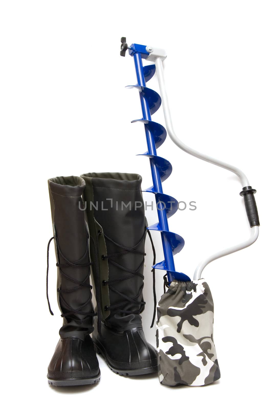 Dark blue ice-drill and boots on a white background