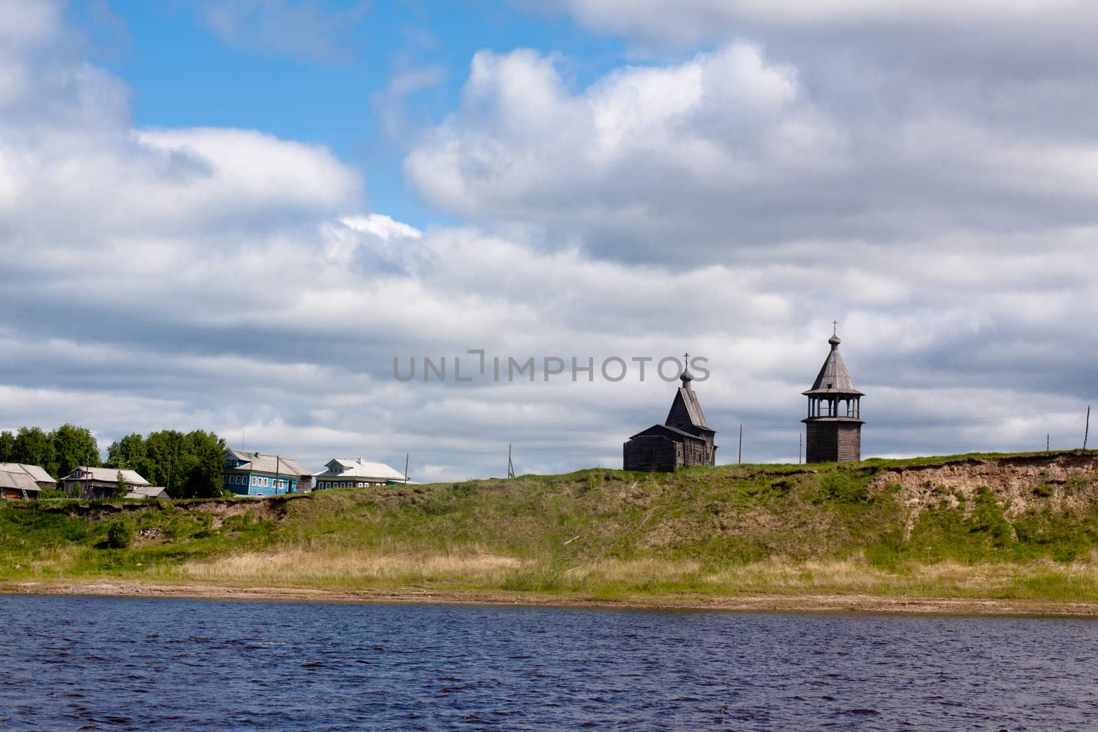 Landscape with big river and churches
