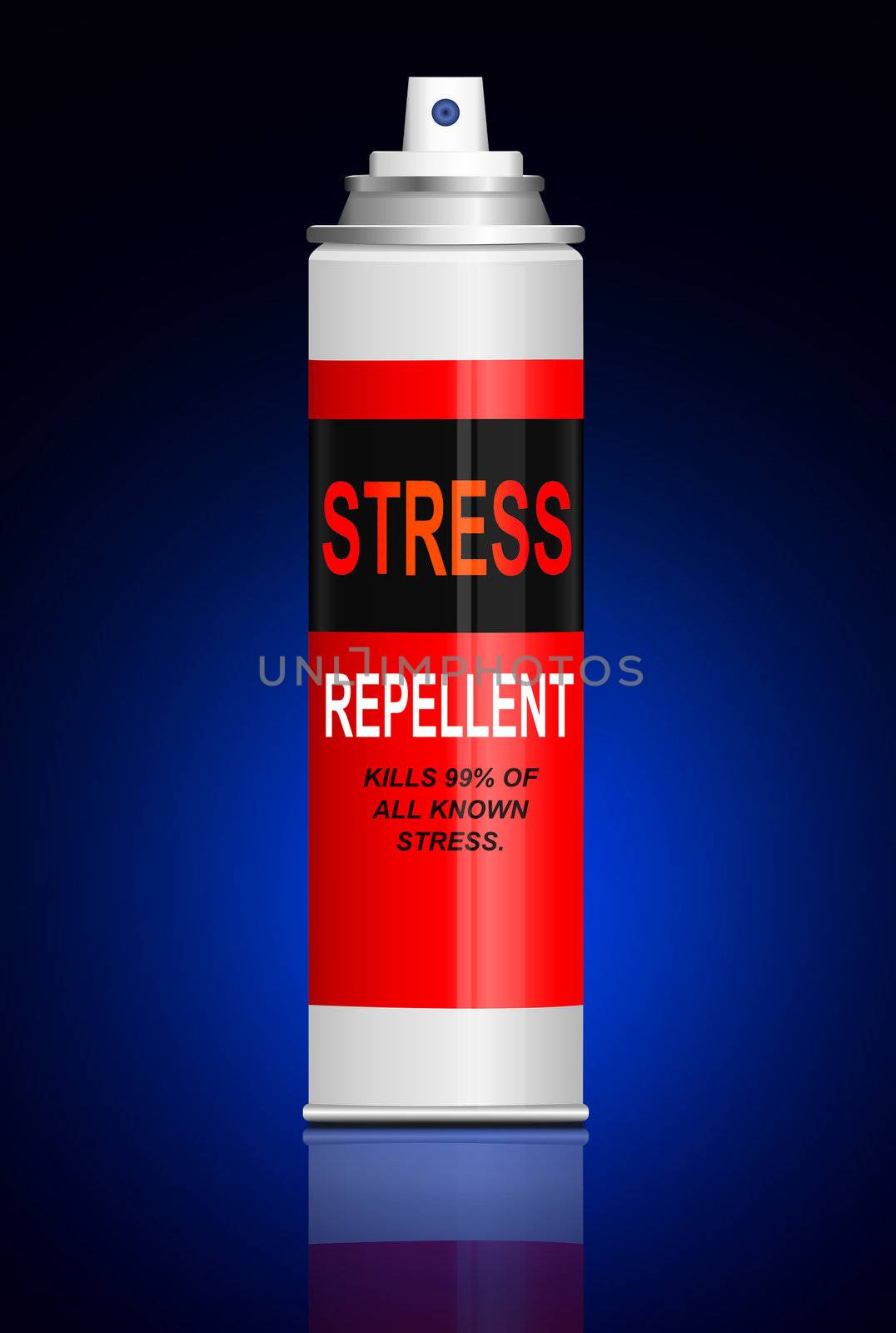 Illustration depicting a single aerosol spray can with the words 'stress repellent'. Blue and black blur background.