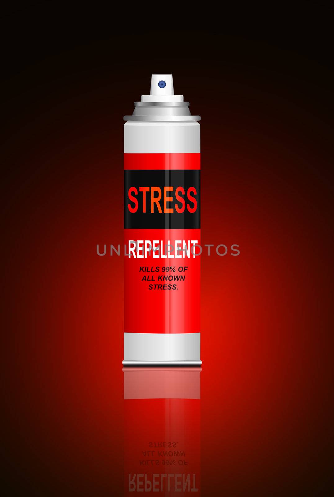 Illustration depicting a single aerosol spray can with the words 'stress repellent'. Red and black blur background.