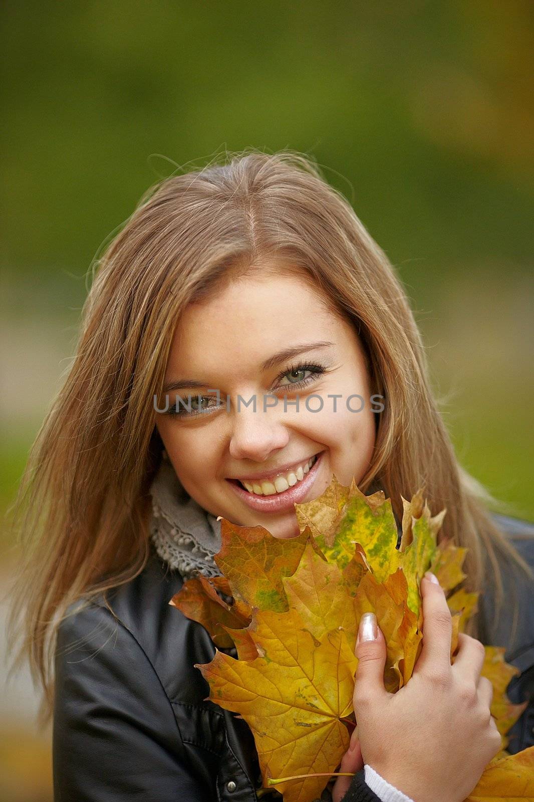 Beautiful girl in the autumn park collects leaves