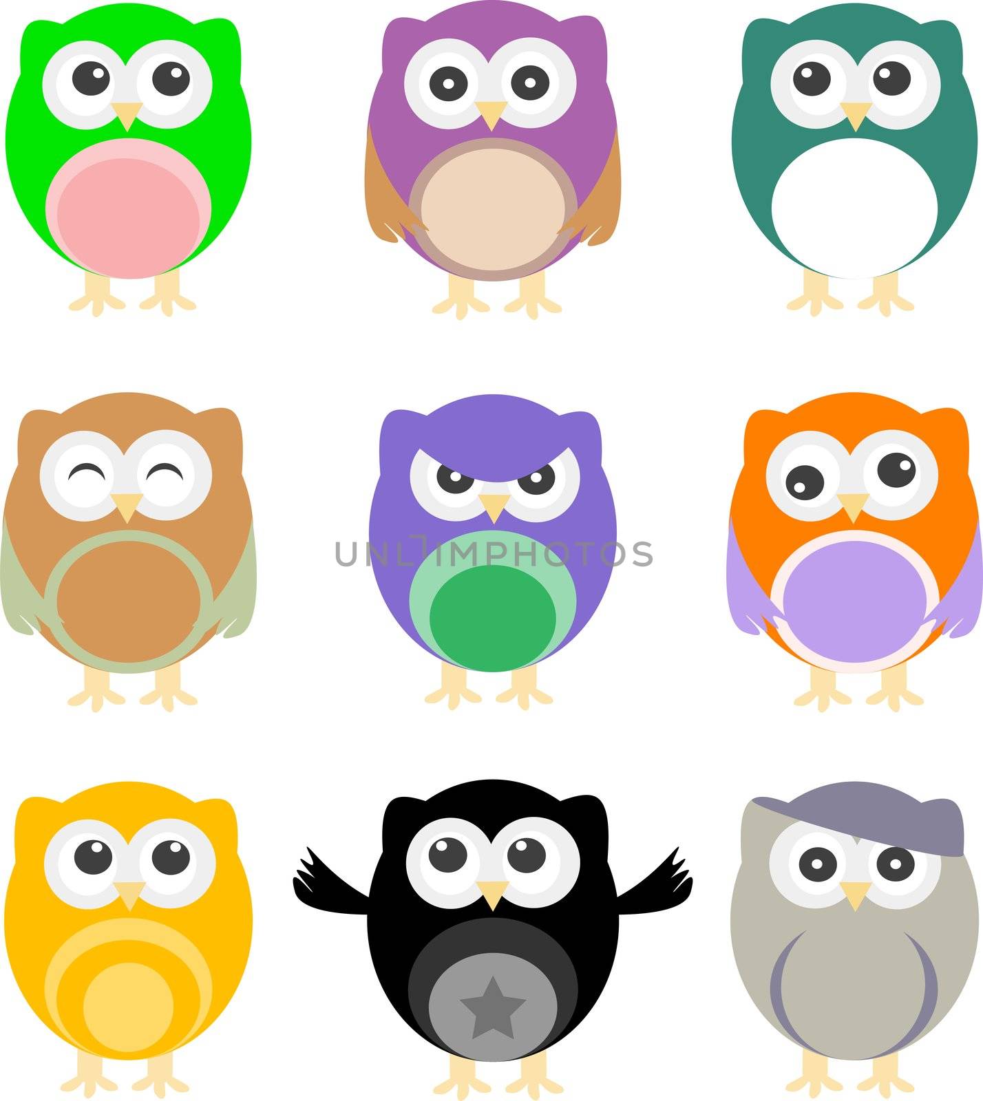 illustration of colorful cartoon owls set