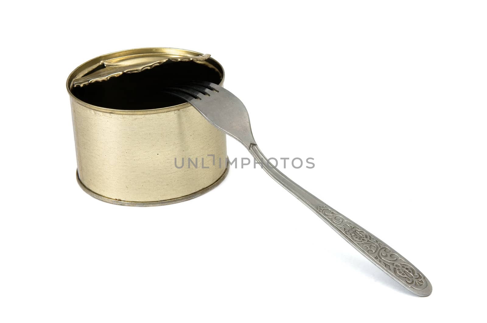 Canned food and fork it is isolated on a white background