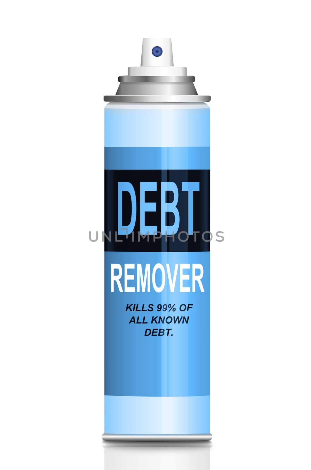 Illustration depicting a single aerosol spray can with the words 'debt remover'. White background.