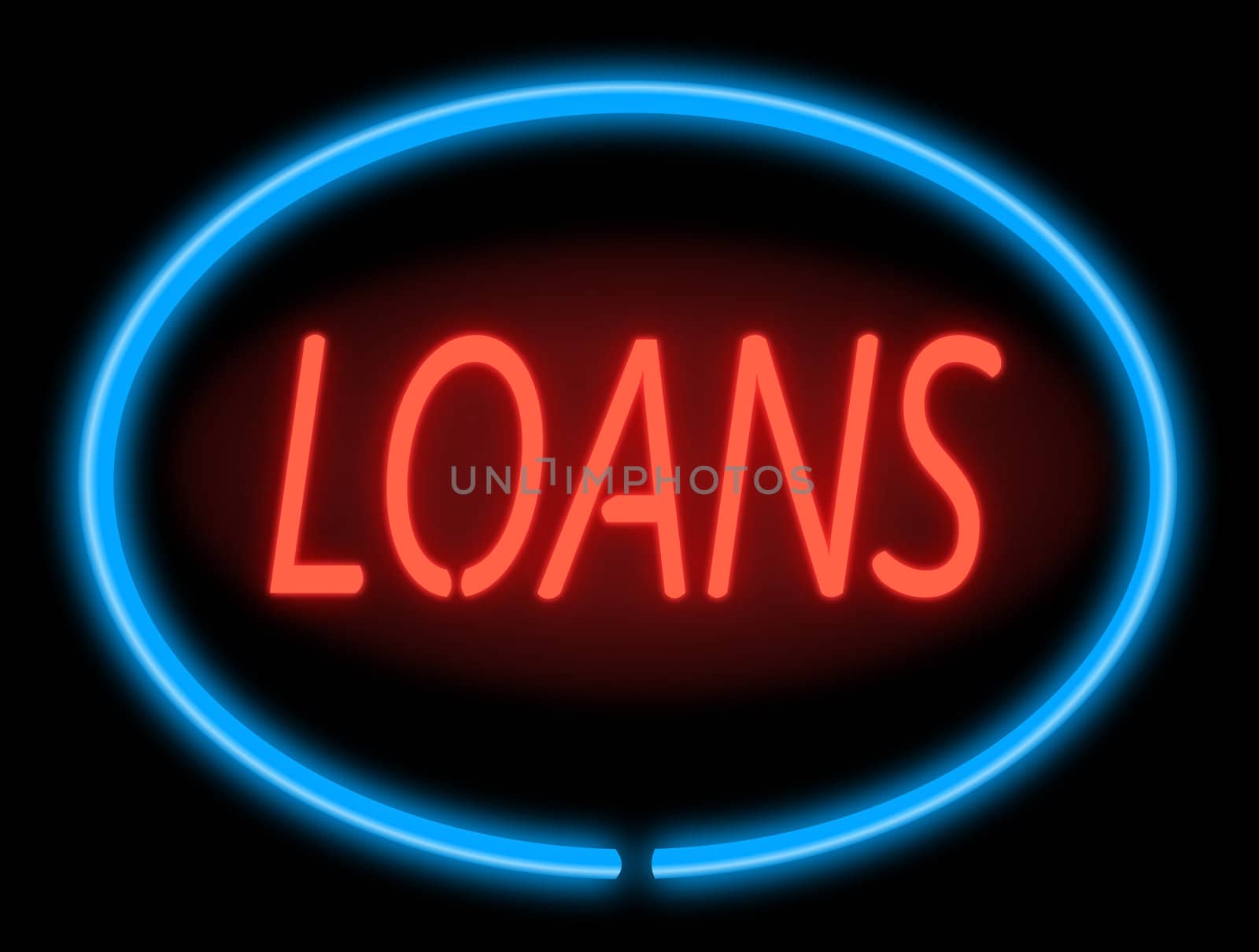 Illustration depicting an illuminated blue and red loans' sign with black background,