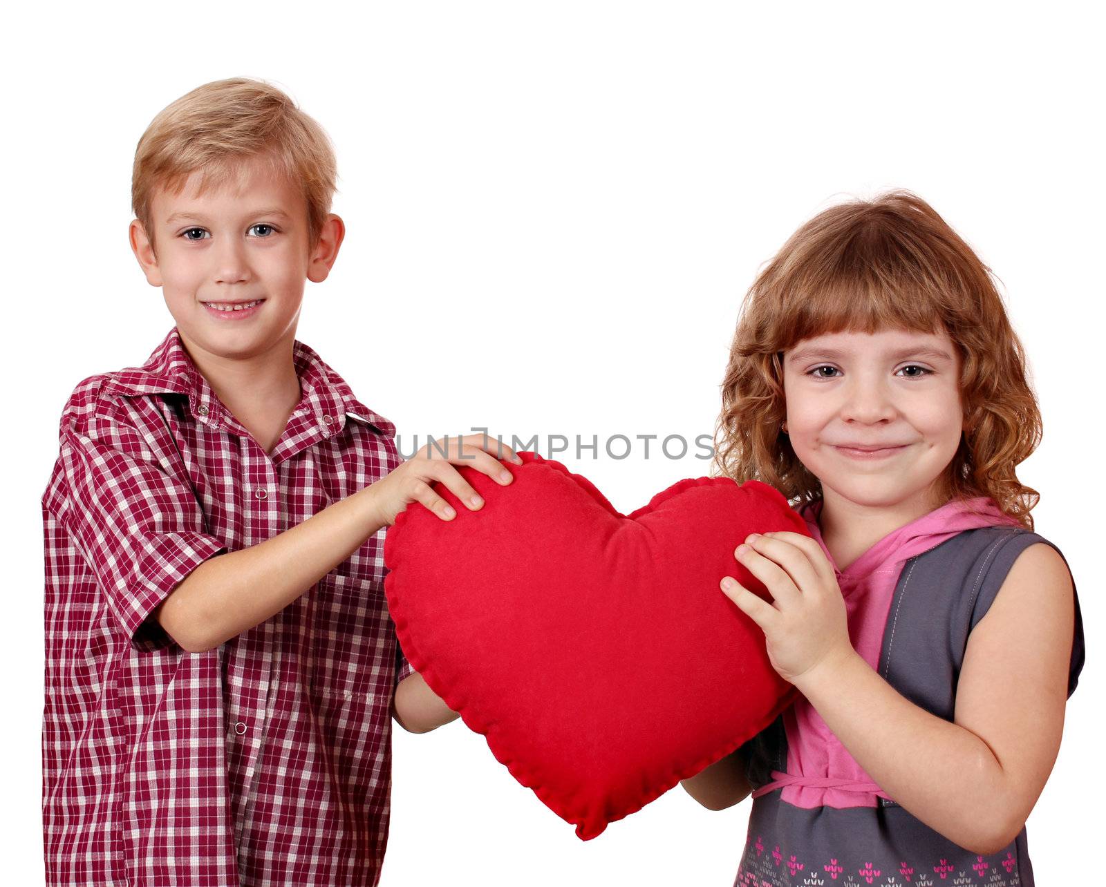 boy and little girl holding big red heart by goce