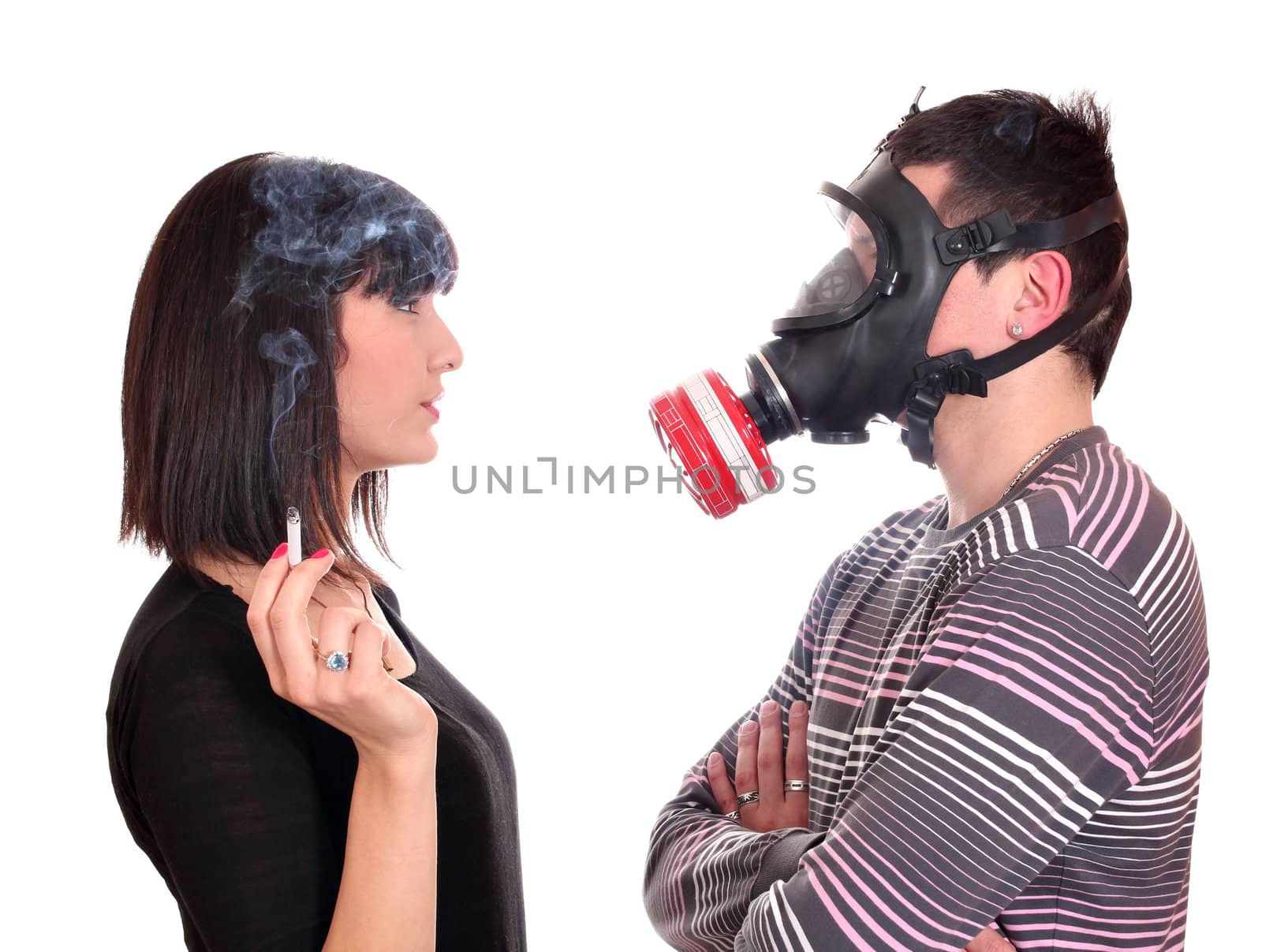 man with gas mask protects against tobacco smoke by goce