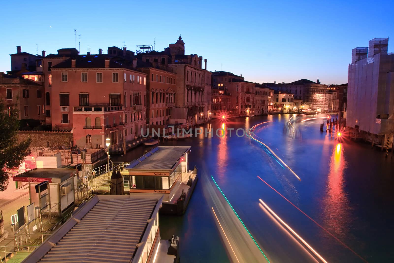 Light Trail of Passenger ship at Grand canal from Accademia bridge at dusk,Venice Italy