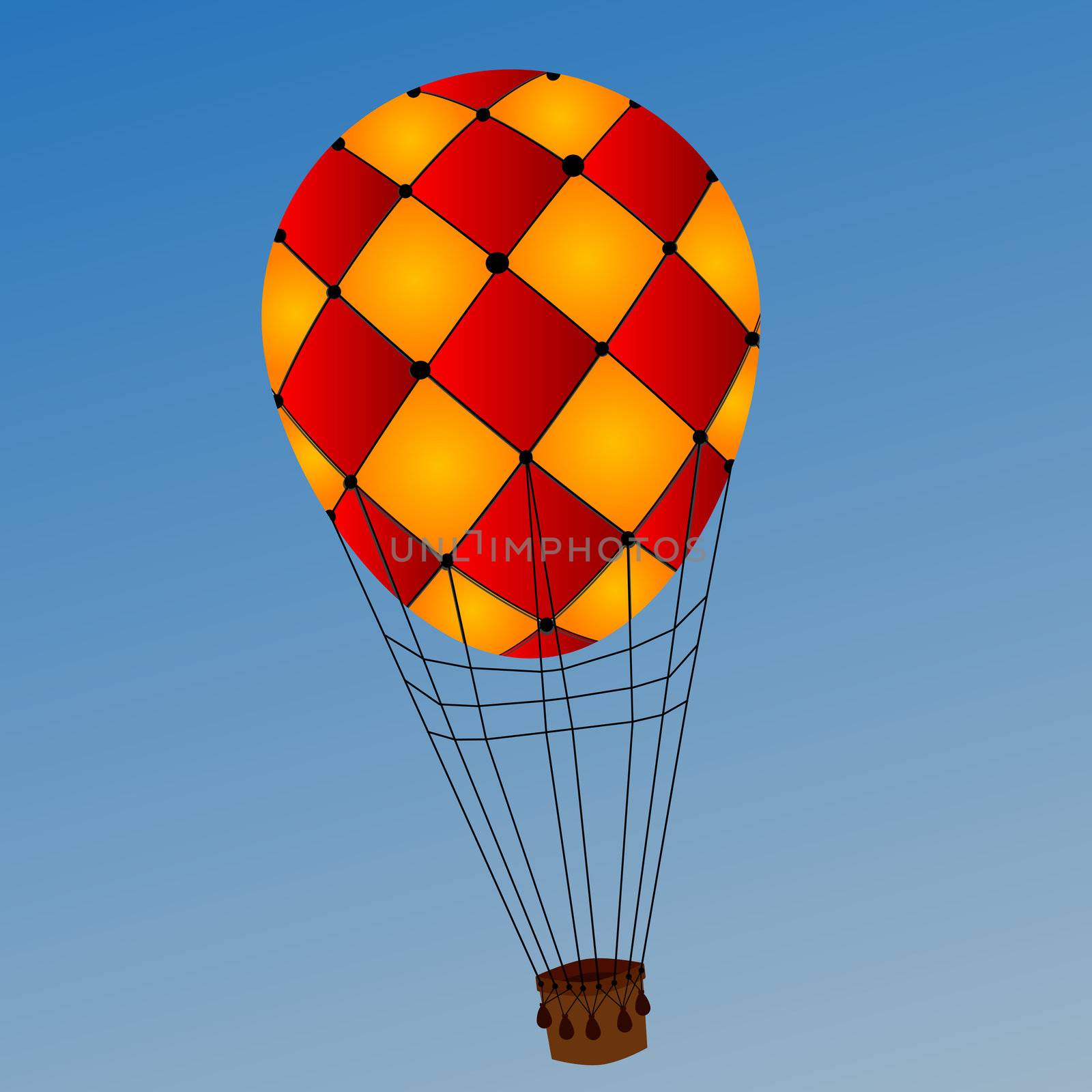 Image shows a hot air balloon over a clear blue sky background
