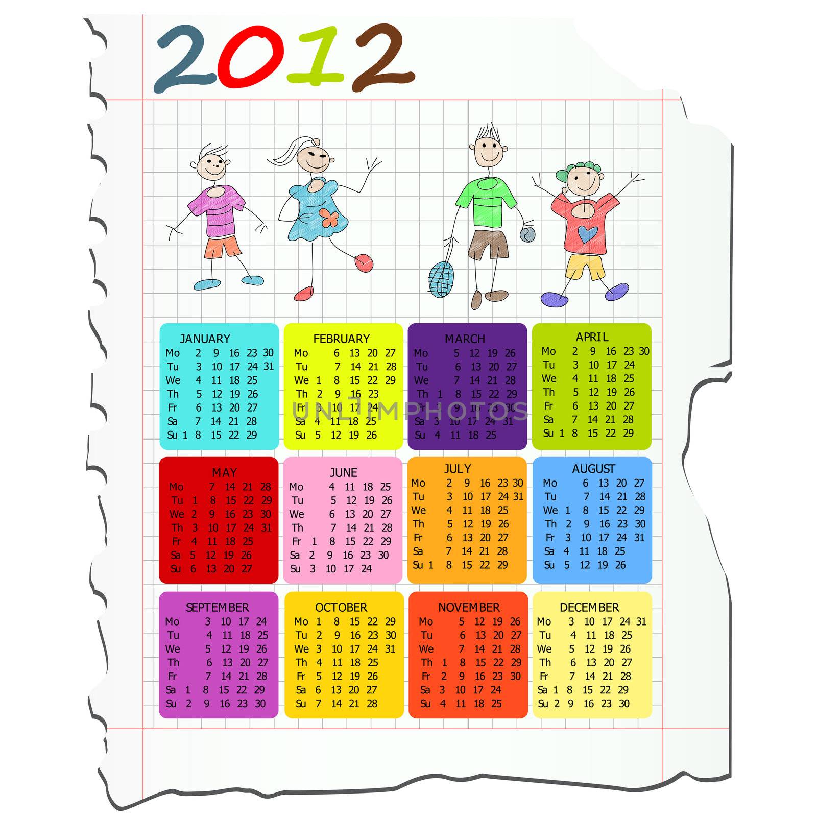 2012 calendar on math paper with kids drawings.
