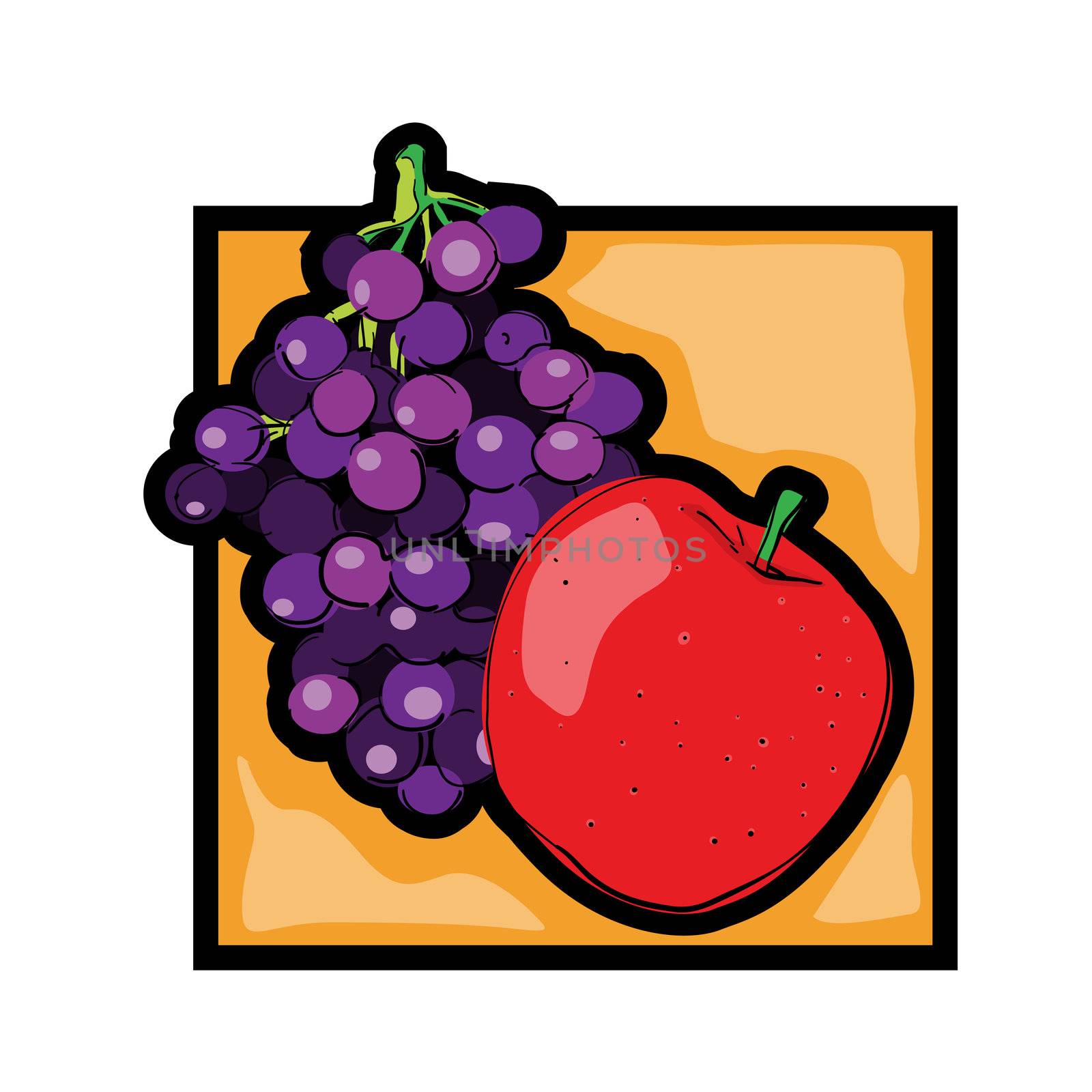 Classic clip art graphic icon with fresh fruits, grapes and apple