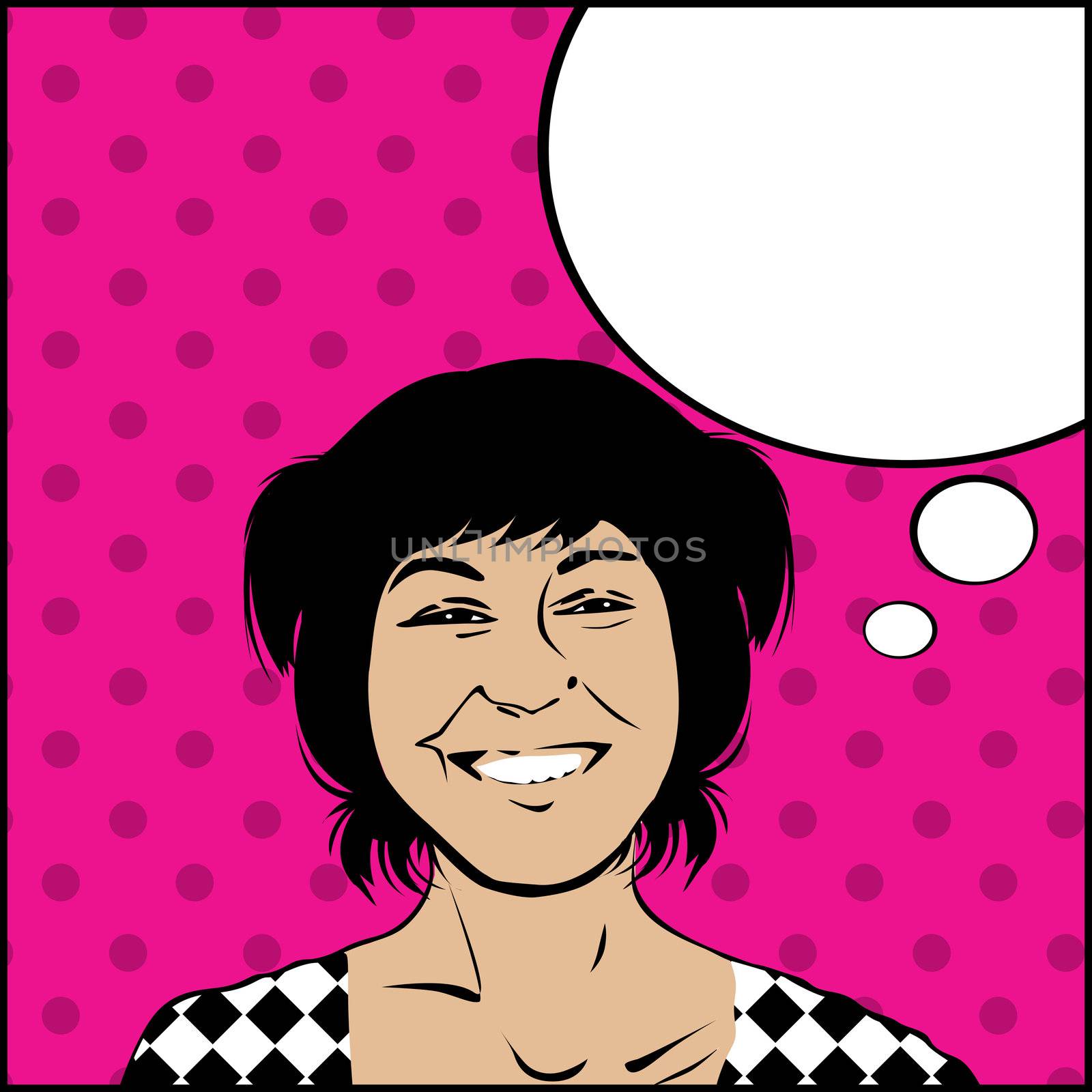 Image shows a comic style graphic of a very happy girl and a speech bubble for your text