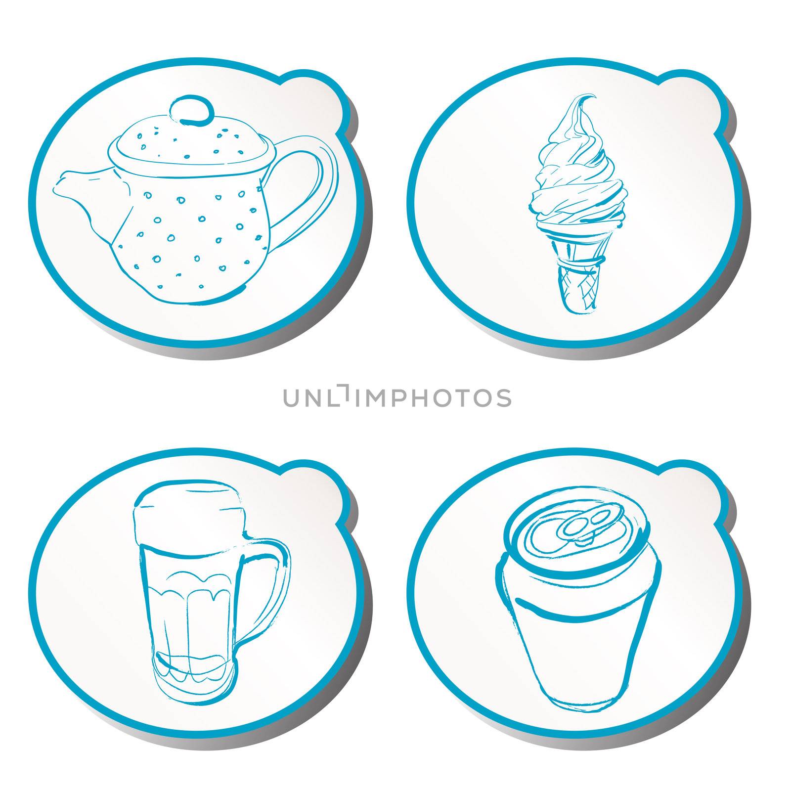 Stylish doodle icons set with beer, beer mug, tea, coffee ot and icecream over white background