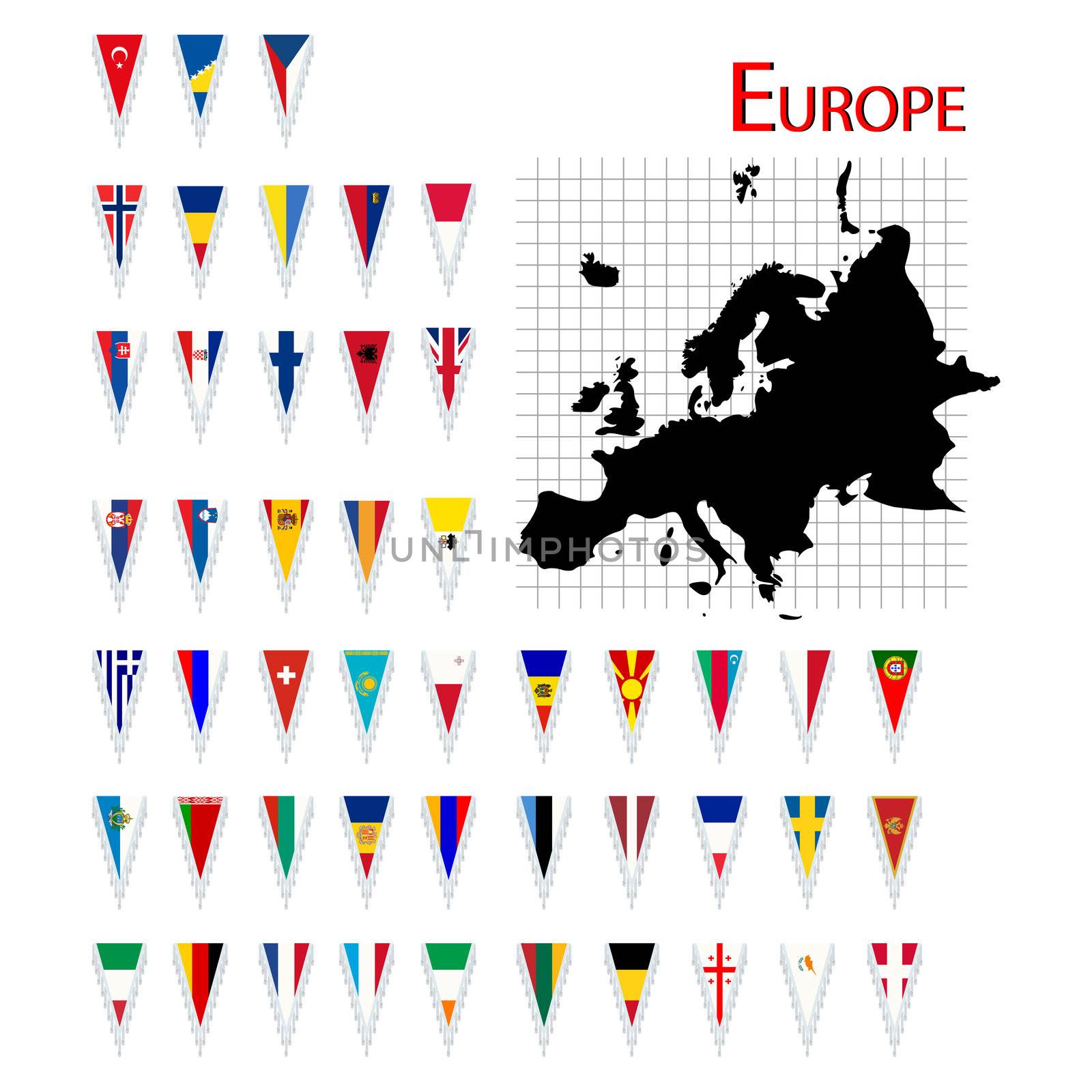 Complete set of Europe flags and map, isolated and grouped objects over white background