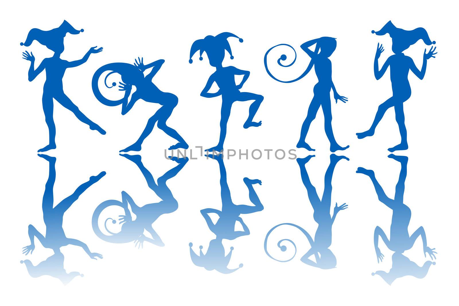 Dancing harlequins silhouettes and reflection over white background.