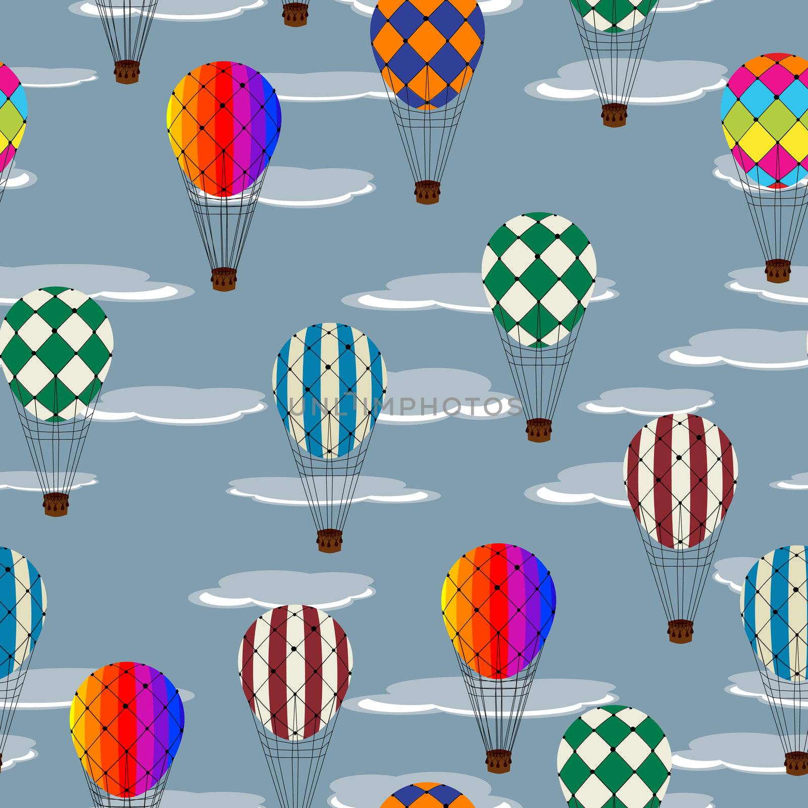 Seamless pattern with hot air balloons and clouds