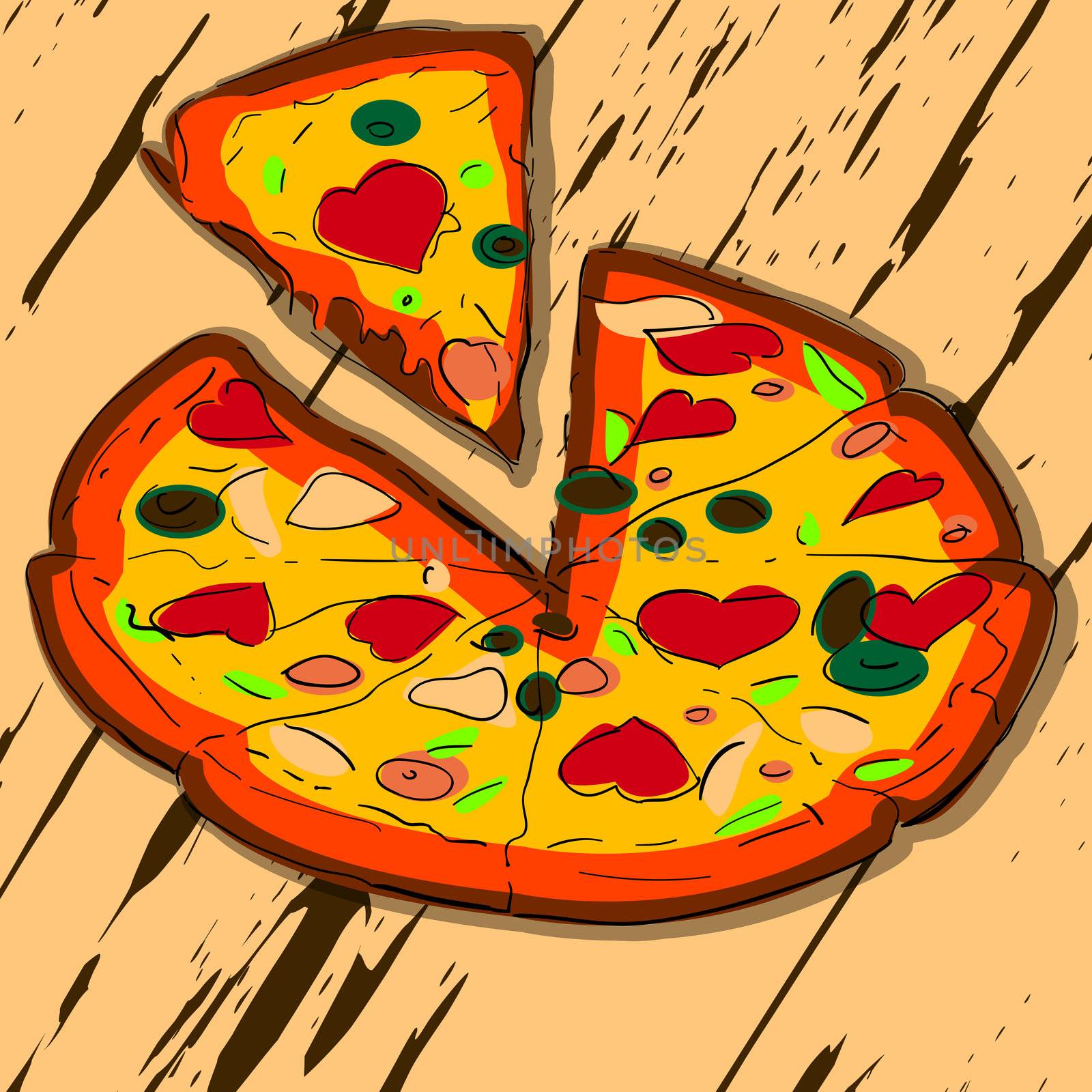 Juicy hot, sliced pizza. Grunge sketch.