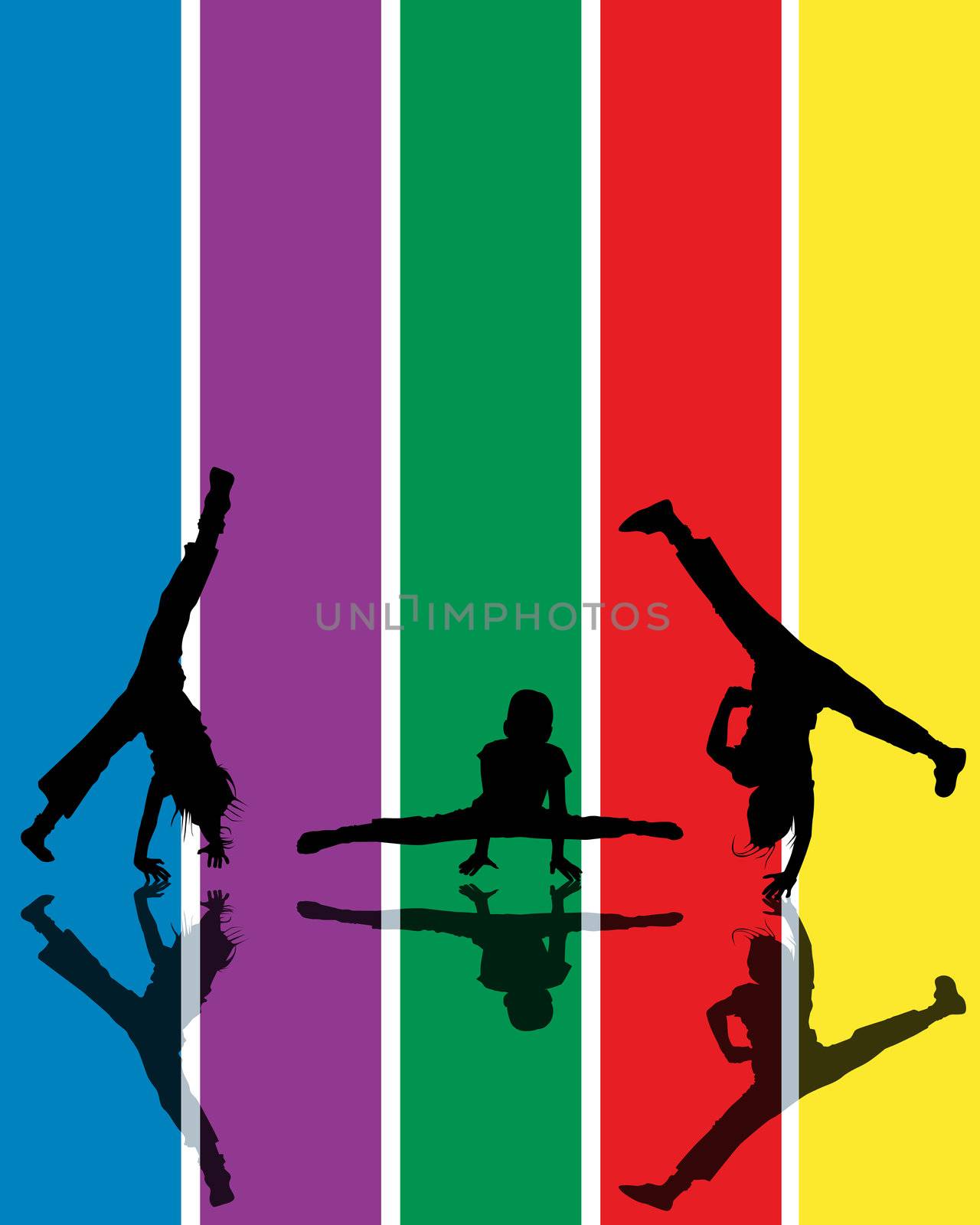 Abstract composition with jumping children silhouettes over a rainbow background
