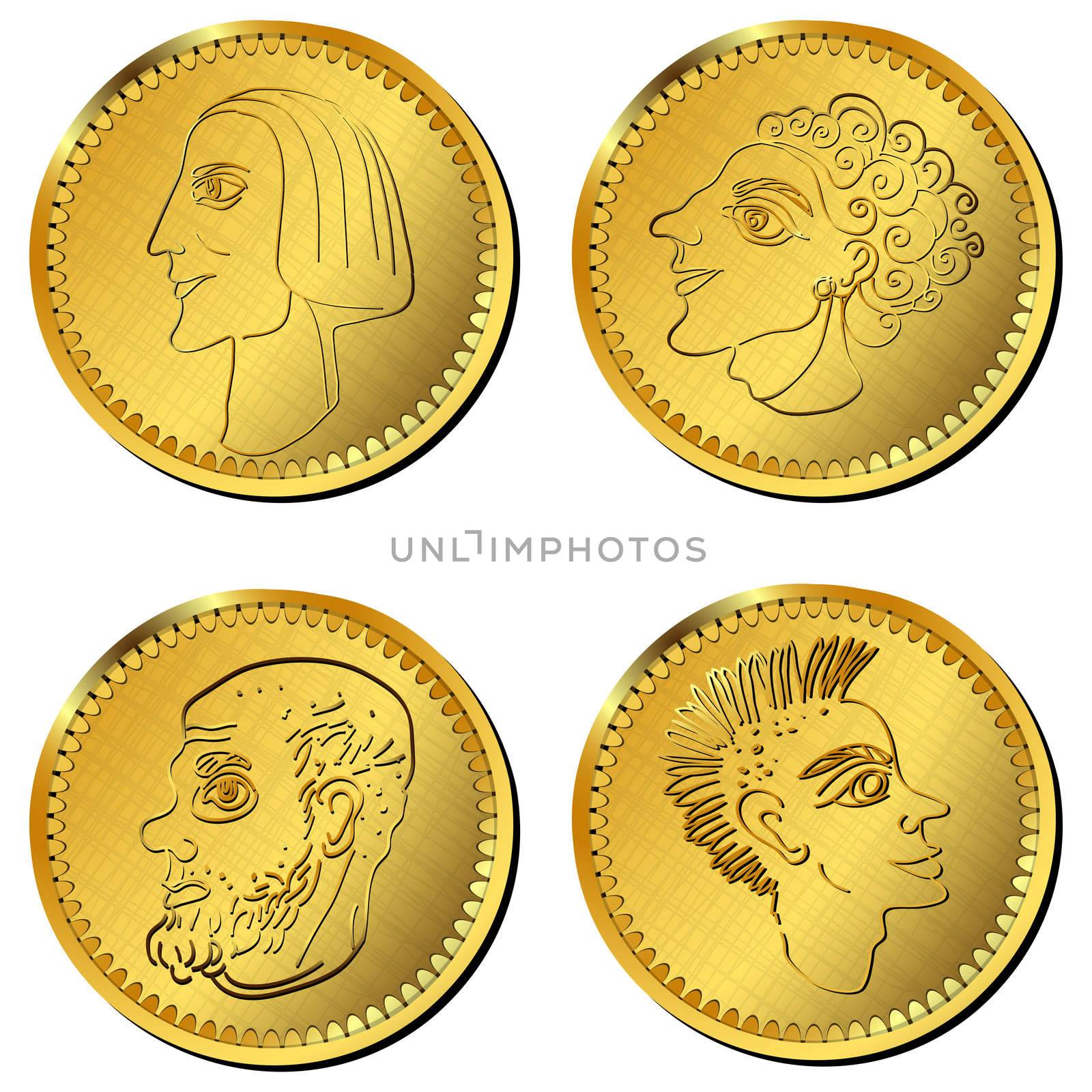 Greek or roman, coins with stylized characters, isolated objects over white