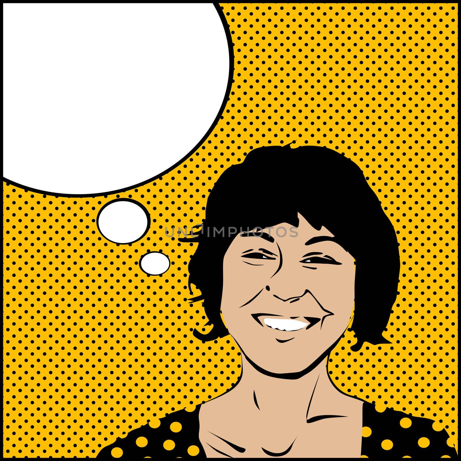 Comic style drawing on a pop woman with speech bubble