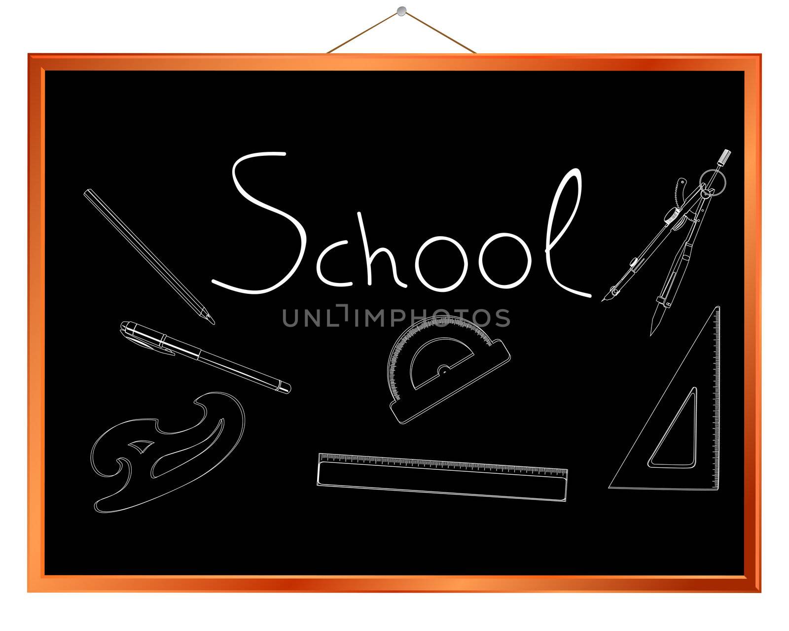 Chalk drawing of school supplies on a chalkborad