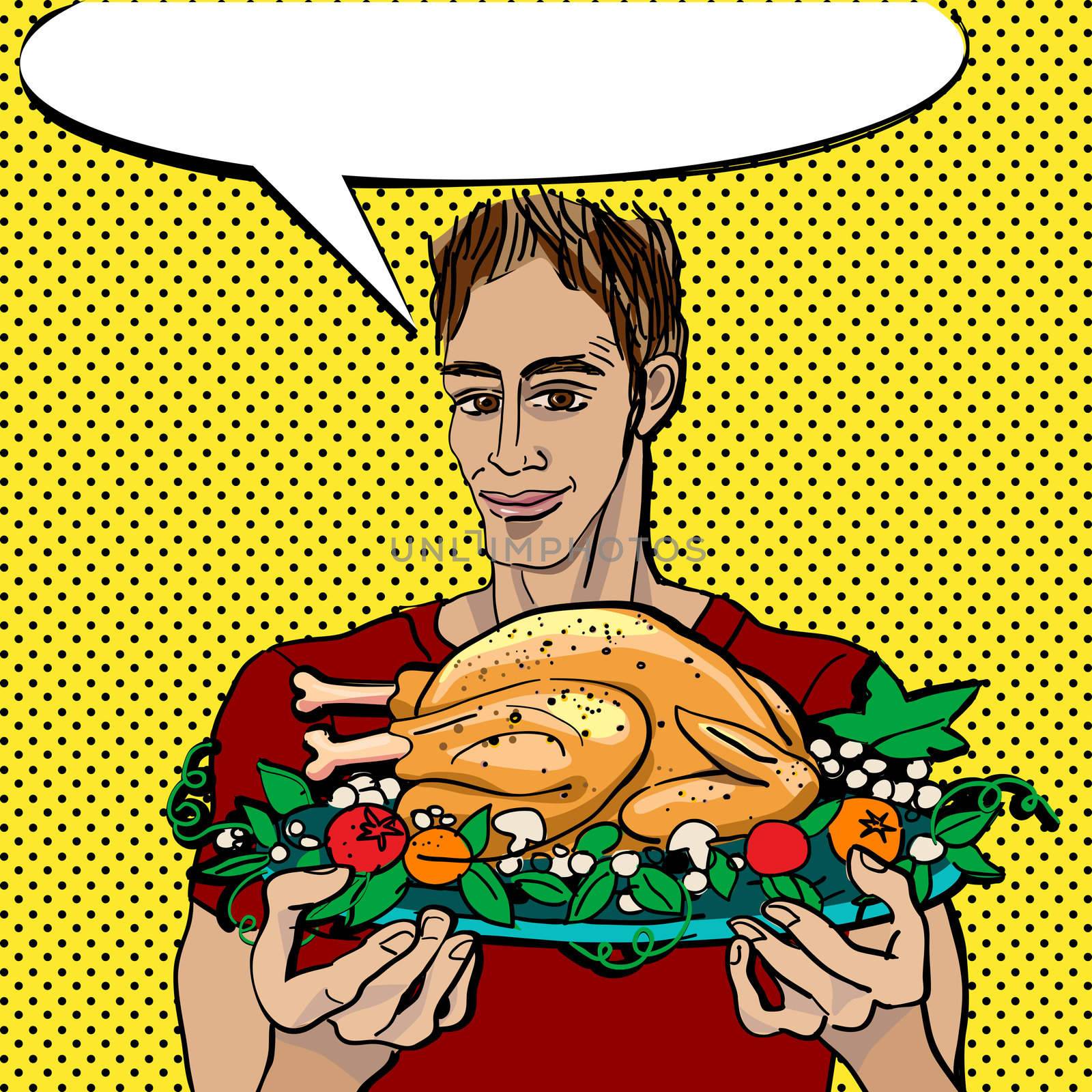 pop art thanksgiving decoration,man with a baked turkey
