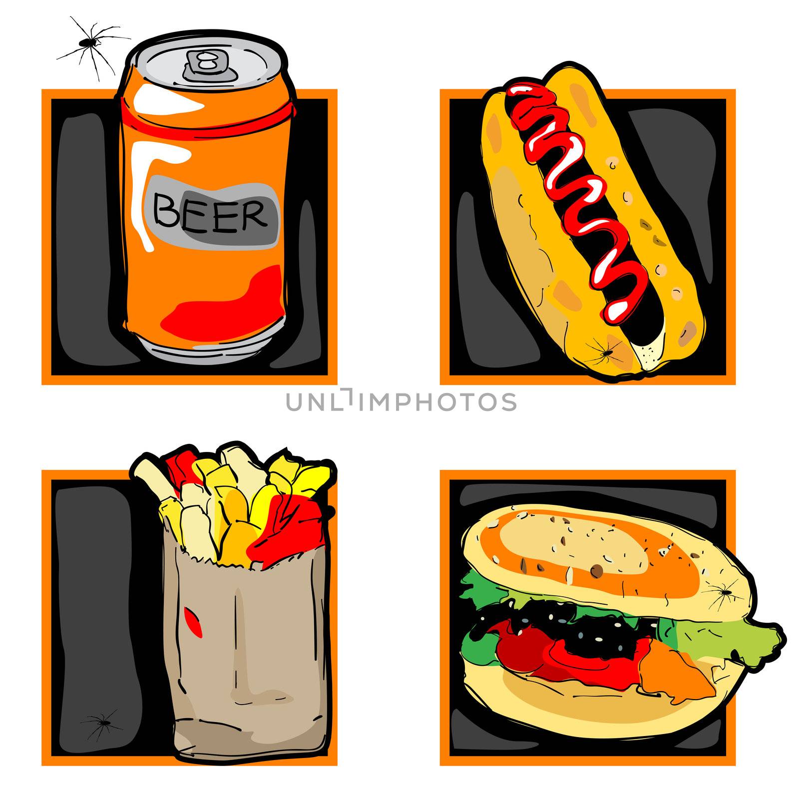 halloween set of scary icons with fast food odd meals, french fries, hamburger, hot dog and spider, isolated on white