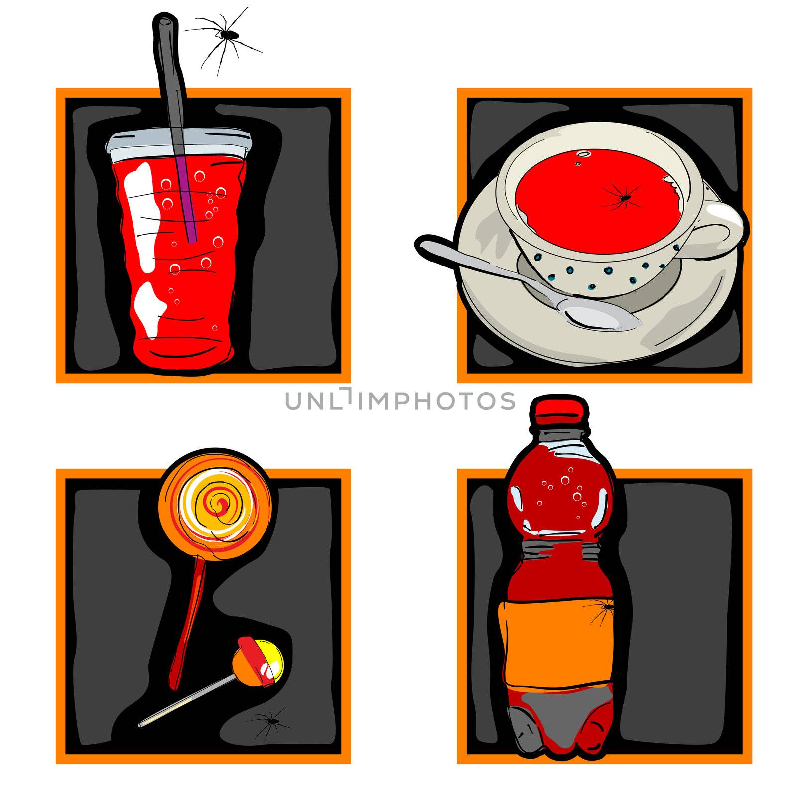 halloween set of scary icons with odd drinks and candy and spider, isolated on white