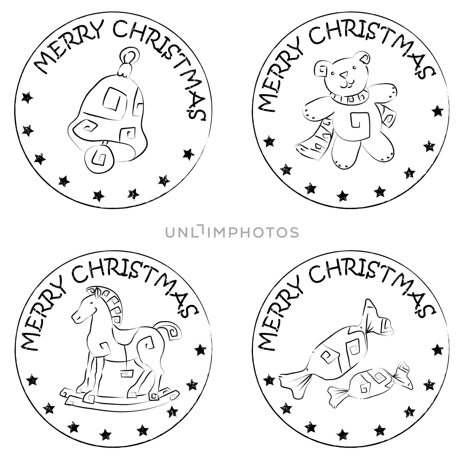 4 christmas coin stamps isolated on white with stars and merry christmas text, teddy bear, rocking horse, candy, bell