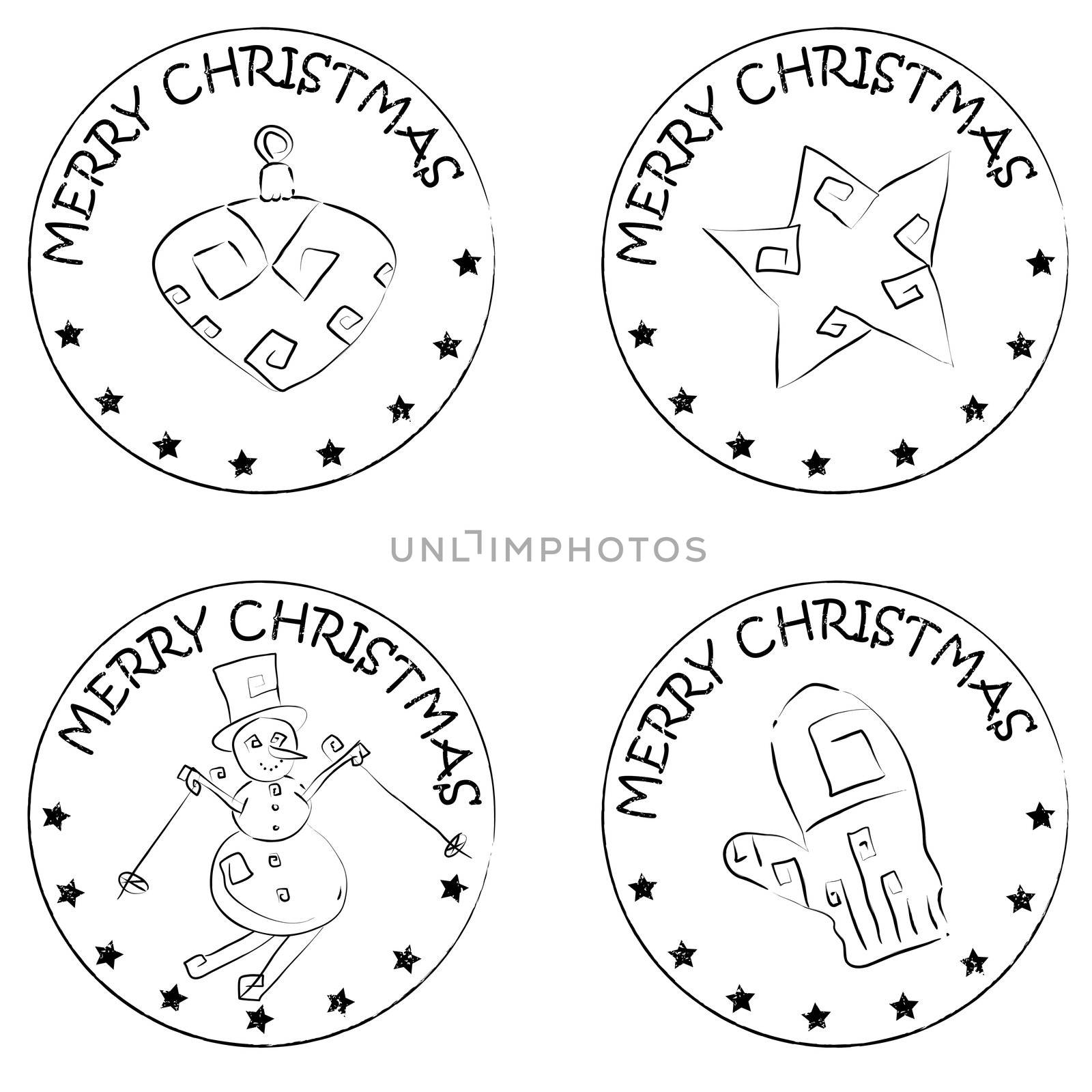 4 christmas coin stamps isolated on white with stars and merry christmas text, snowman, star, glove, globe