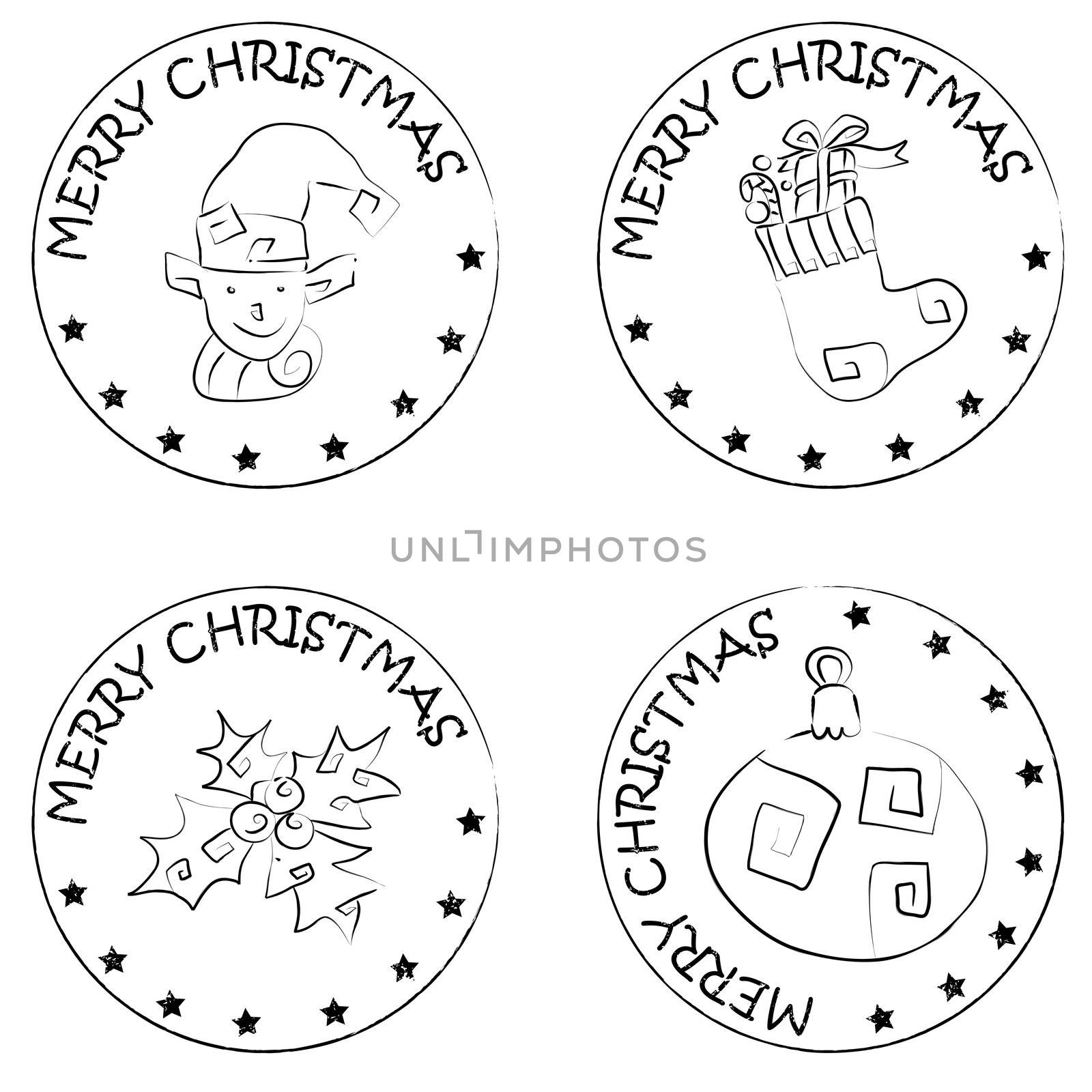 4 christmas coin stamps isolated on white with stars and merry christmas text, sock with gifts, globe, holly berry, elf