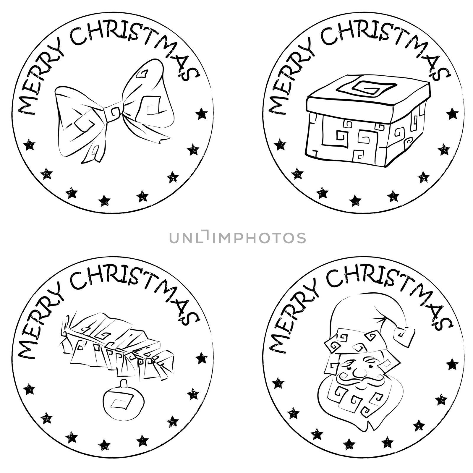 4 christmas coin stamps isolated on white with santa claus and merry christmas text, santa claus head,  present, pine branch and bow