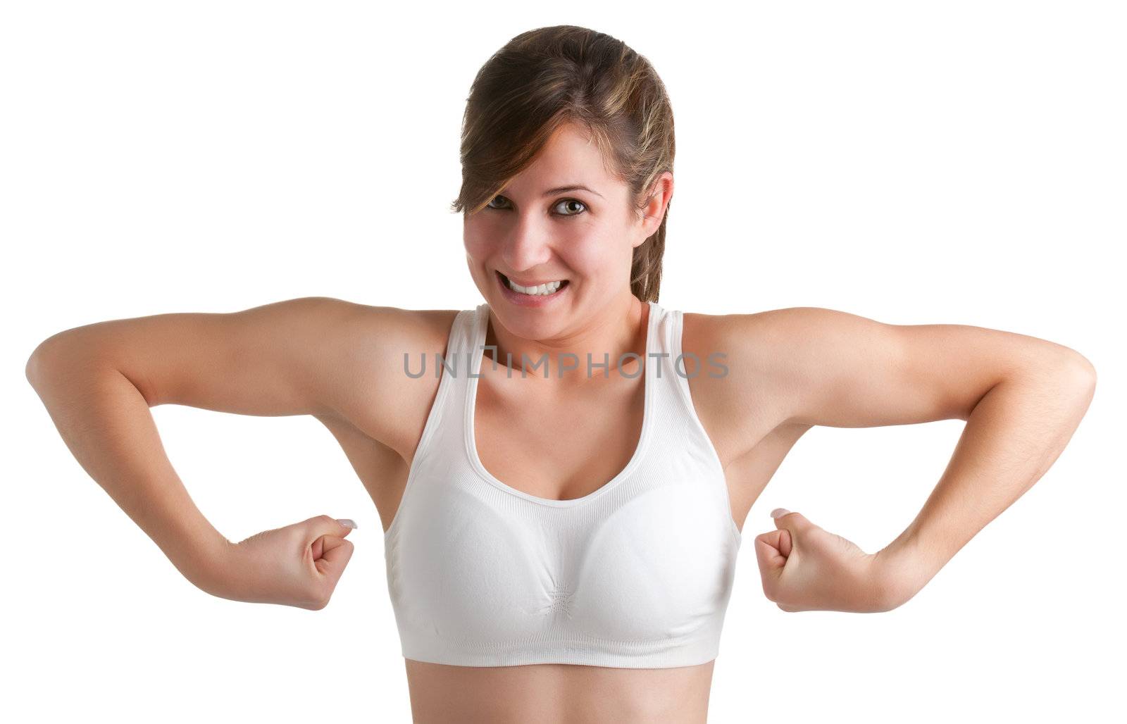 Funny female flexing her muscles, isolated in a white background