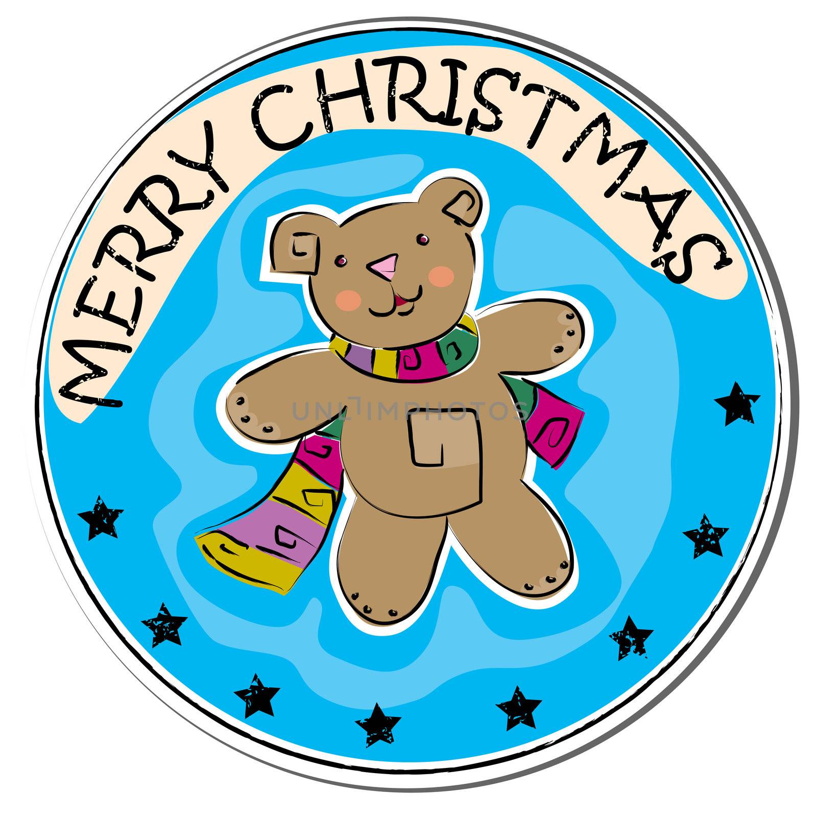 merry christmas retro sticker with a teddy bear wearing scarf isolated on white