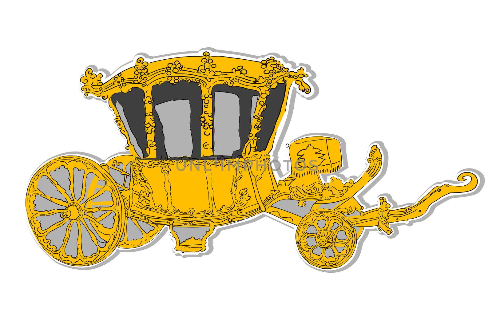 old authentic rococo golden carriage silhouette and doodle, sticker isolated on white