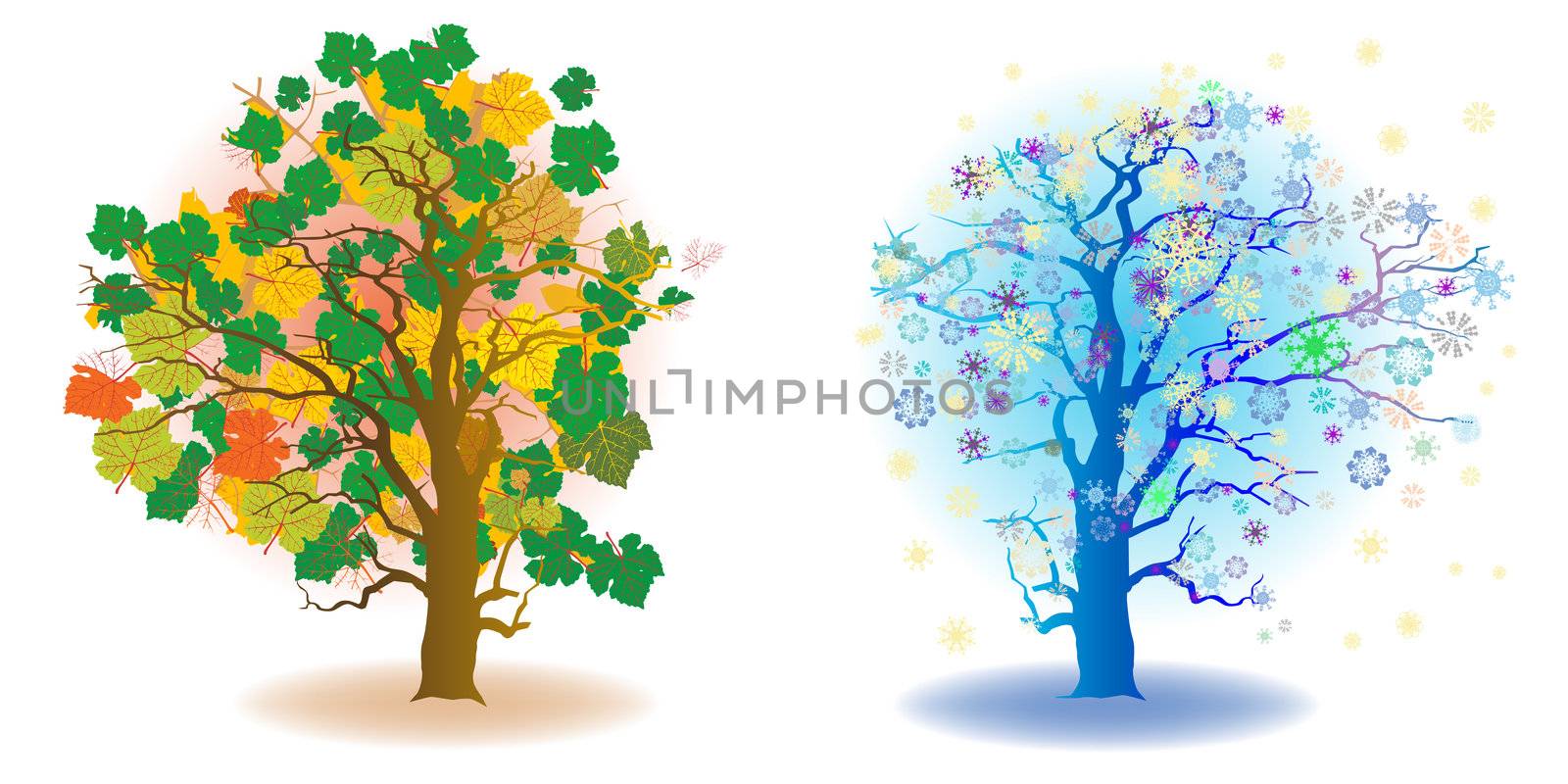 two seasons trees, autum and winter, artistic icons