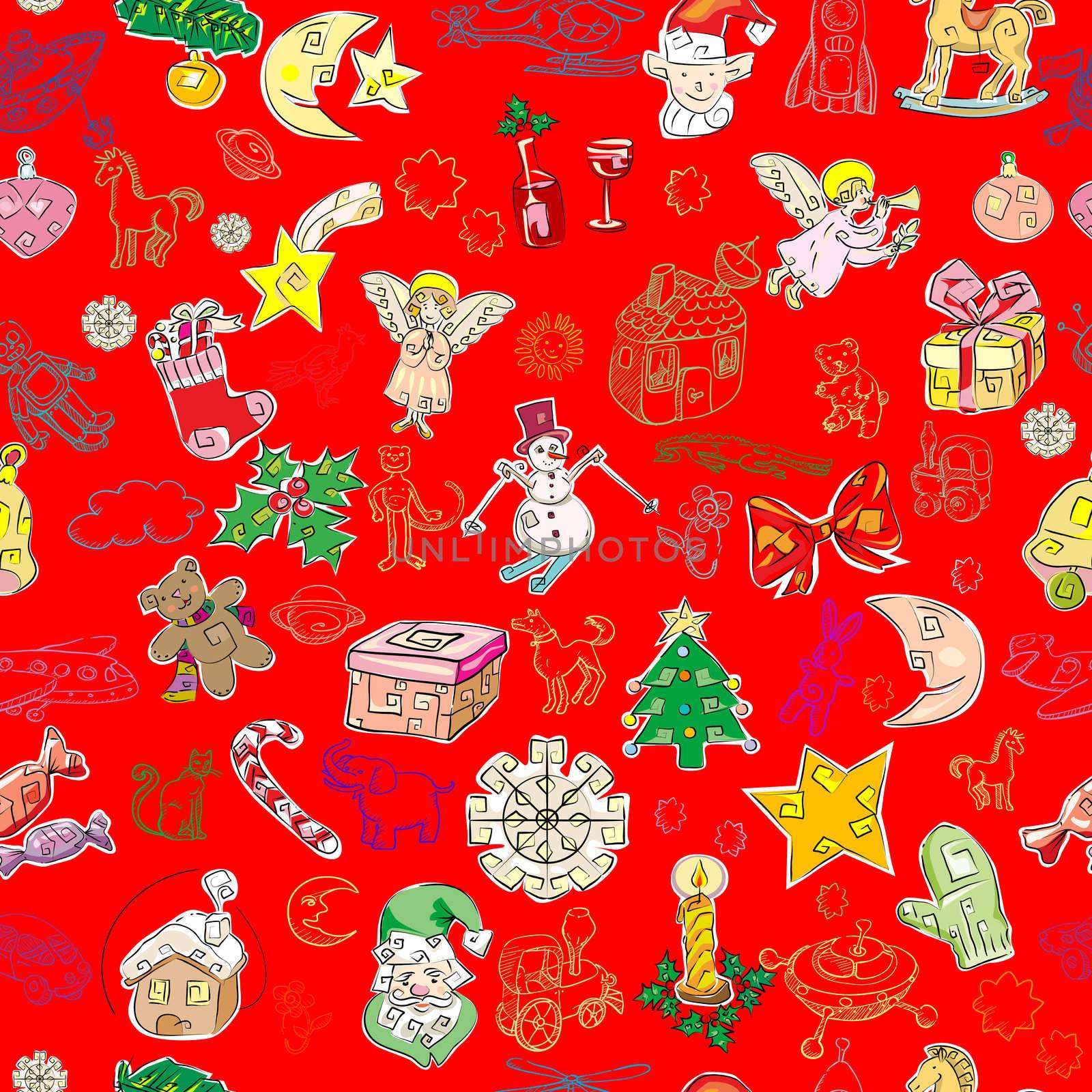 christmas pattern with toys and season greetings icons on a green background, childlike drawn wallpaper