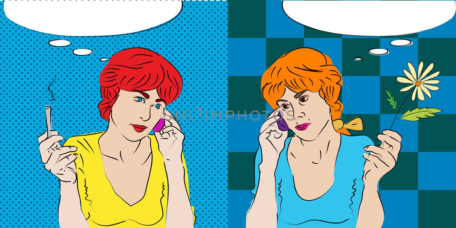 the good and the bad twins talking on the phone, gemini horoscope sign pop art composition 