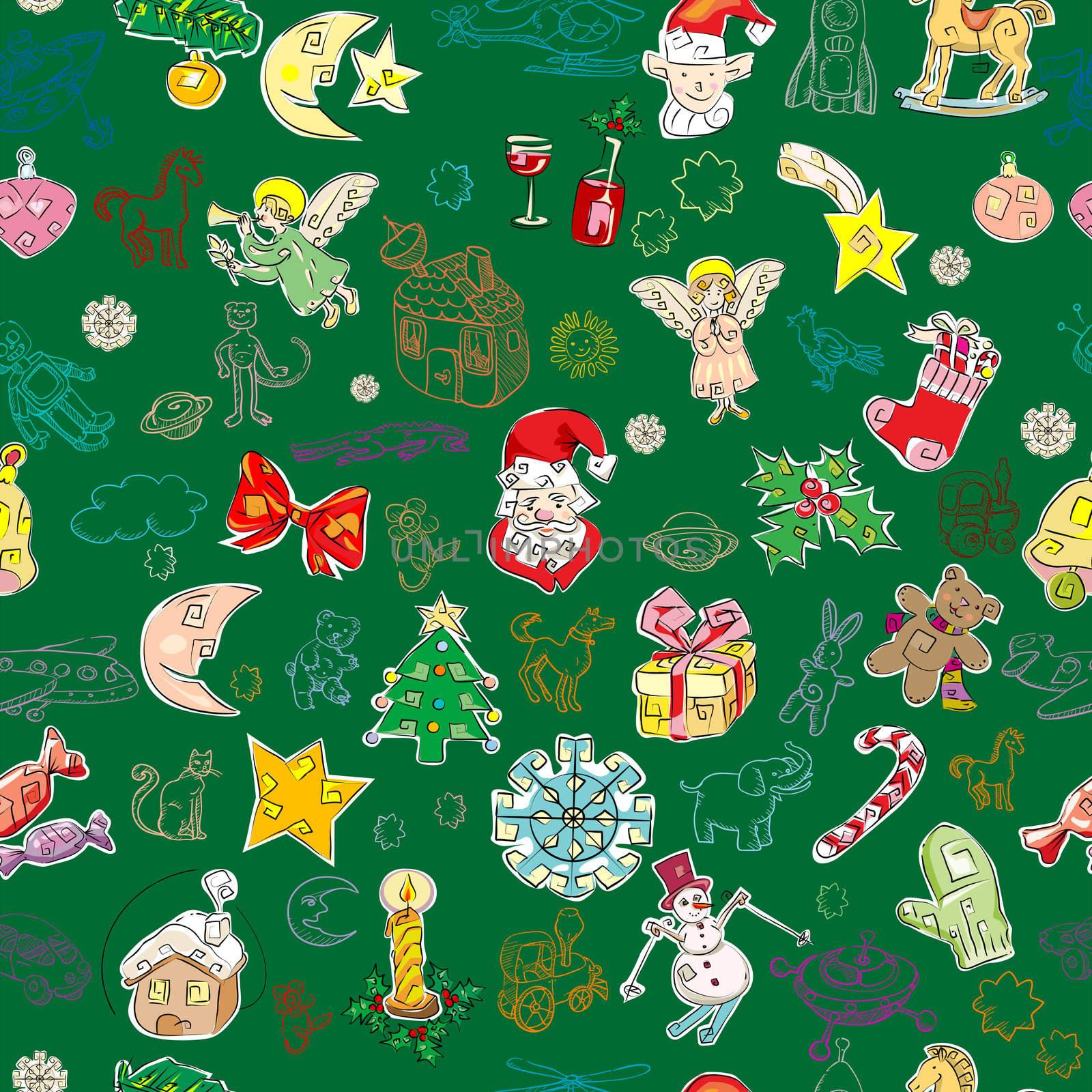 christmas pattern with toys and season greetings icons on a green background, childlike drawn wallpaper 