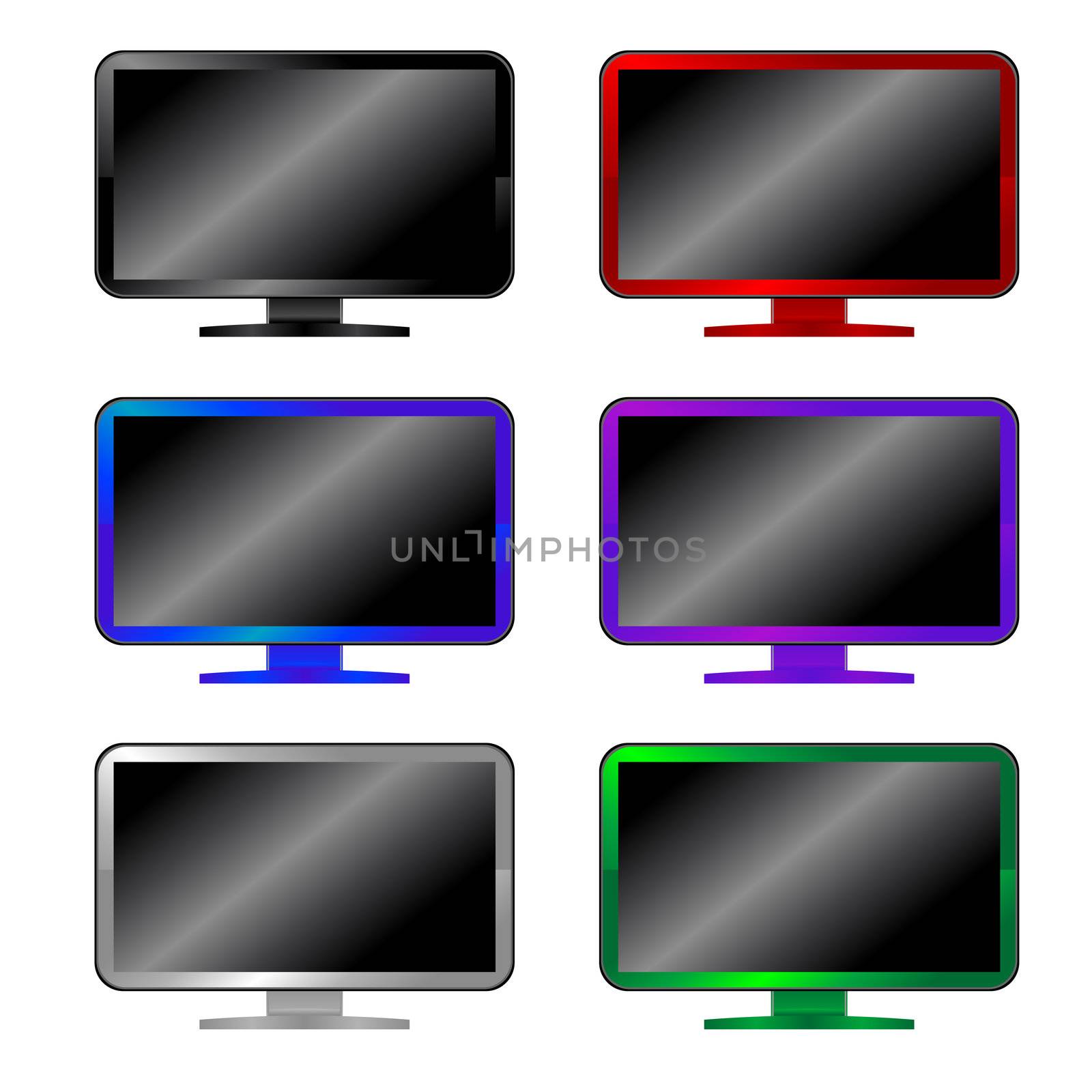 set of colored computer monitors, six pieces isolated on white
