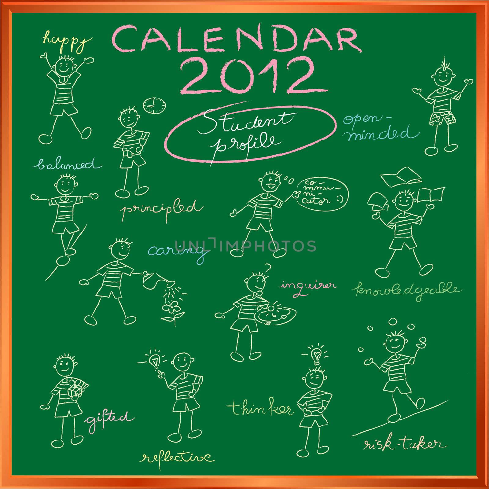 2012 calendar on a blackboard with the student profile for international schools, cover design
