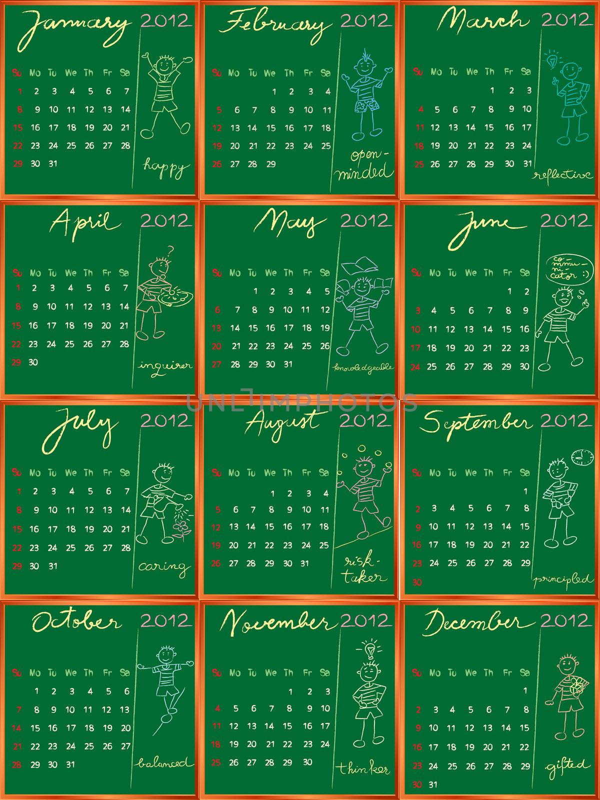 2012 calendar on a blackboard, hand drawn student profile design for international schools