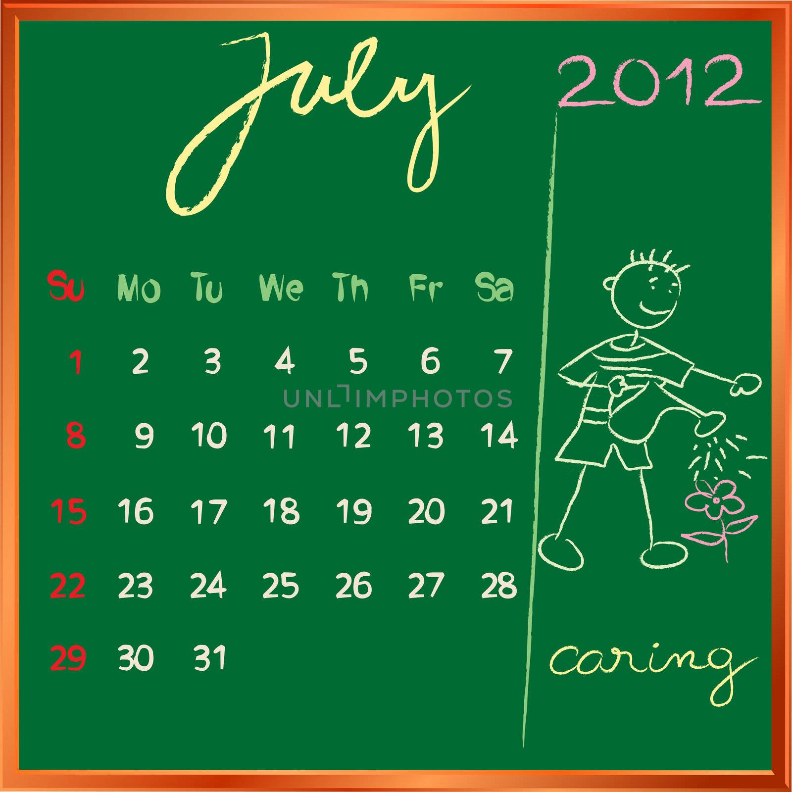 2012 calendar on a blackboard, july design with the happy caring student profile for international schools