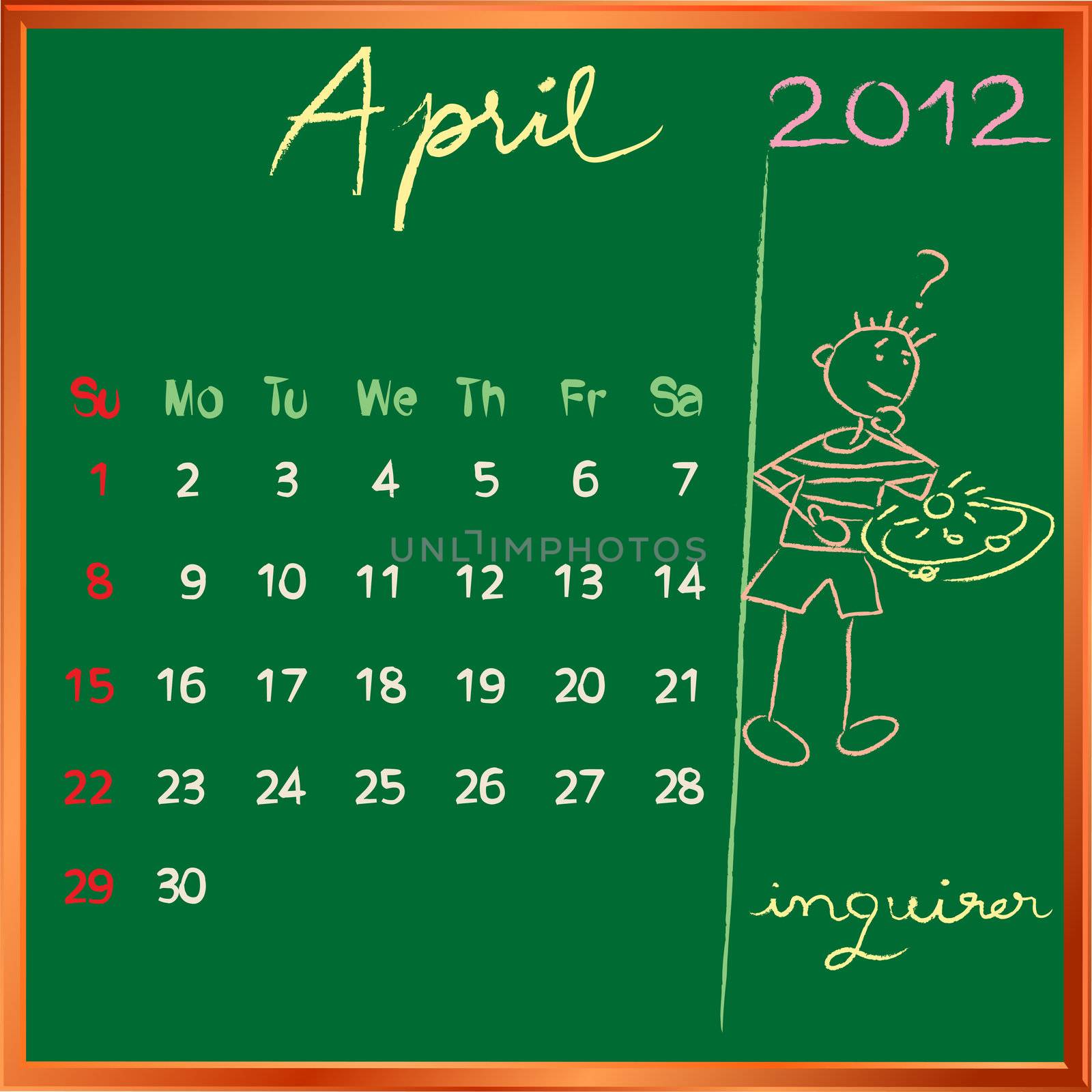 2012 calendar on a blackboard, april design with the happy inquirer student profile for international schools