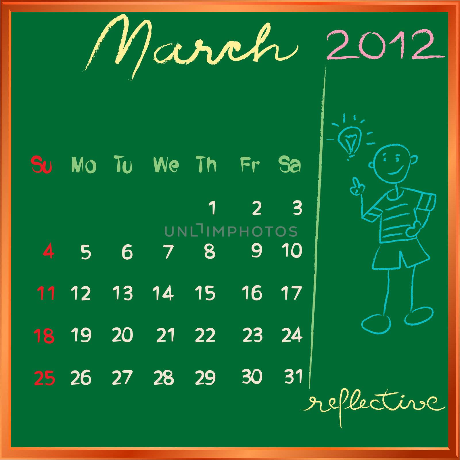 2012 calendar on a blackboard, march design with the happy reflective student profile for international schools