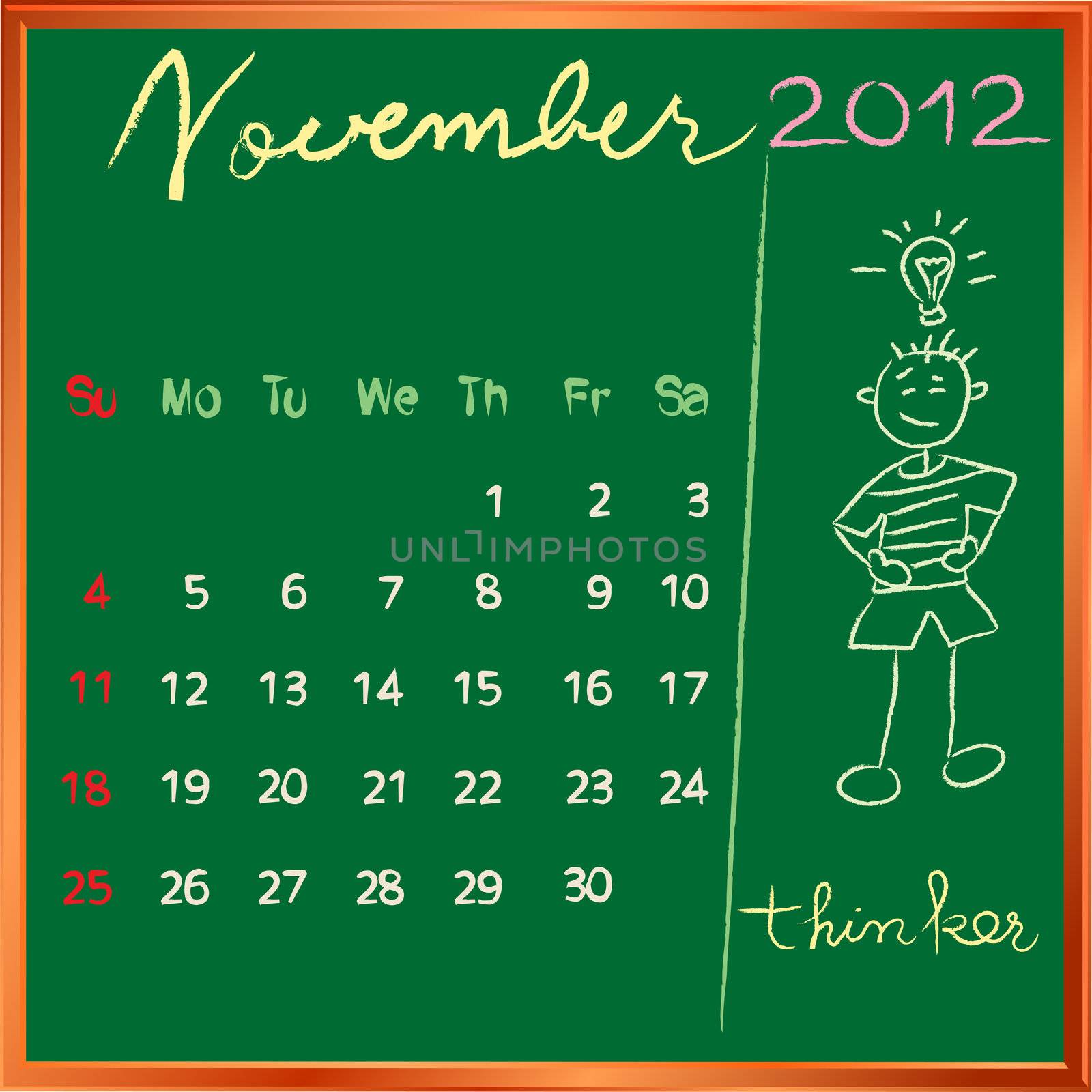2012 calendar on a blackboard, november design with the happy thinker student profile for international schools