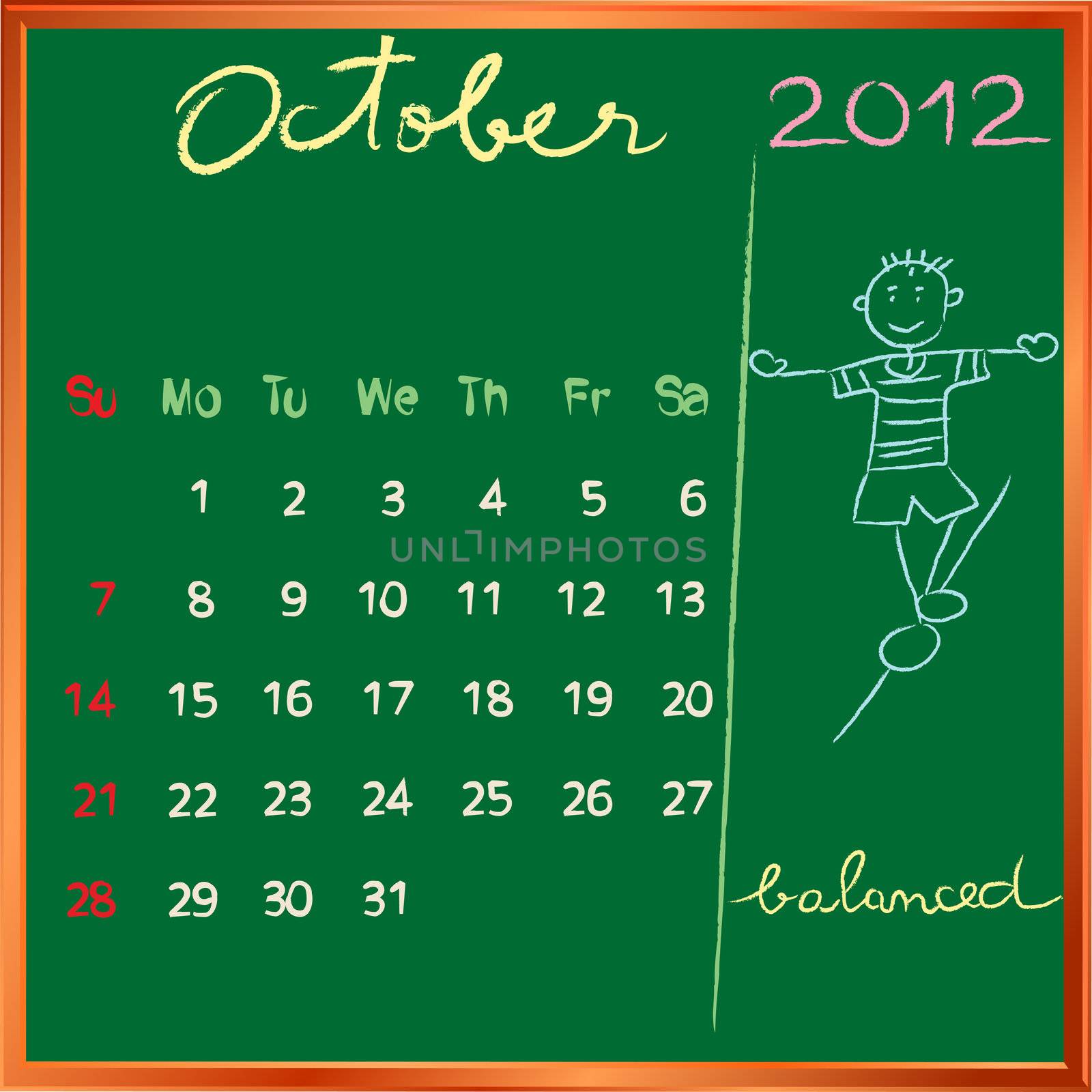 2012 calendar on a blackboard, october design with the happy balanced student profile for international schools