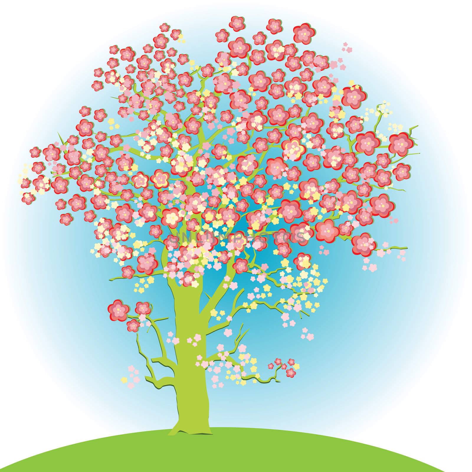 abstract spring tree full of flowers on a blue sky background
