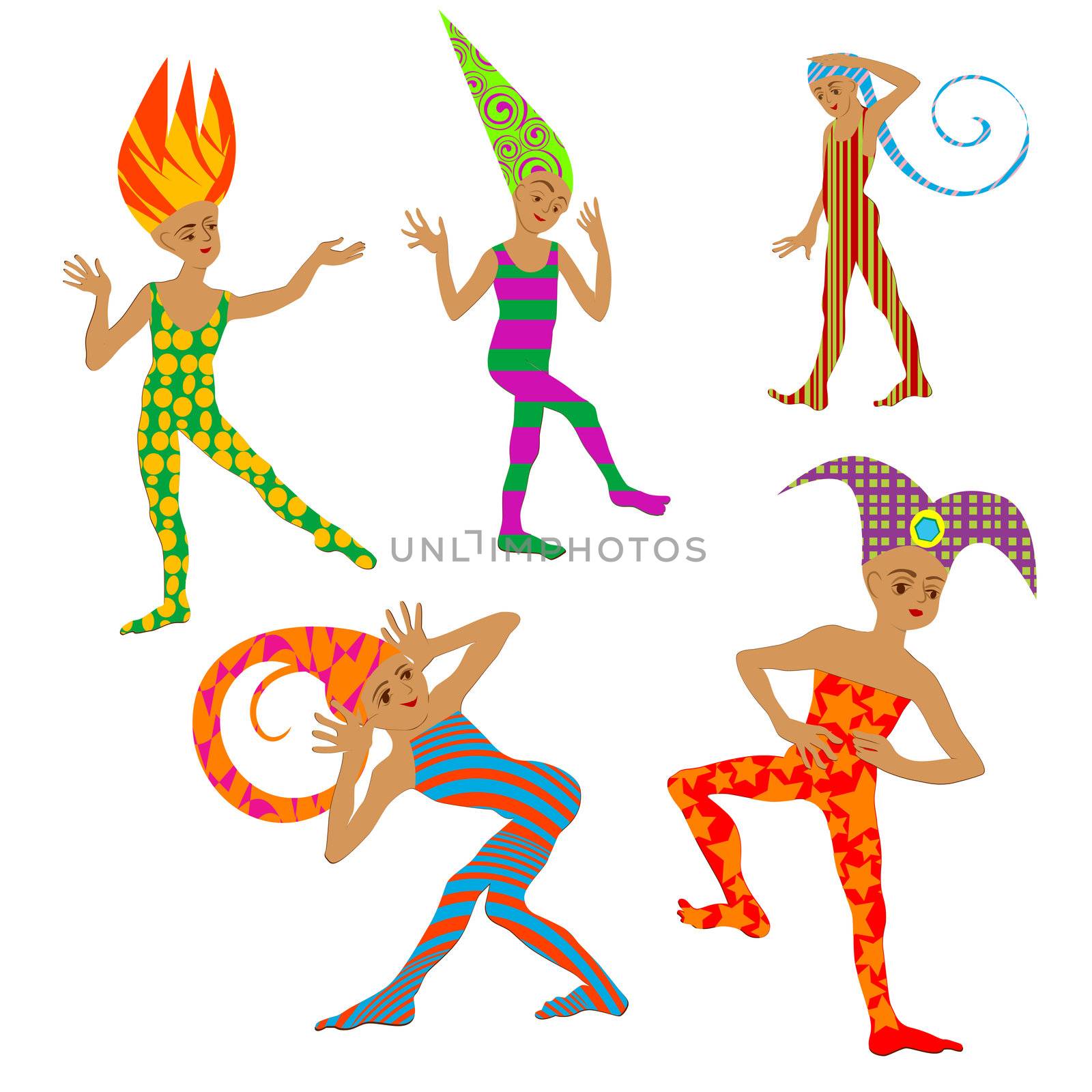five kids in funny colored carnival costumes isolated on white
